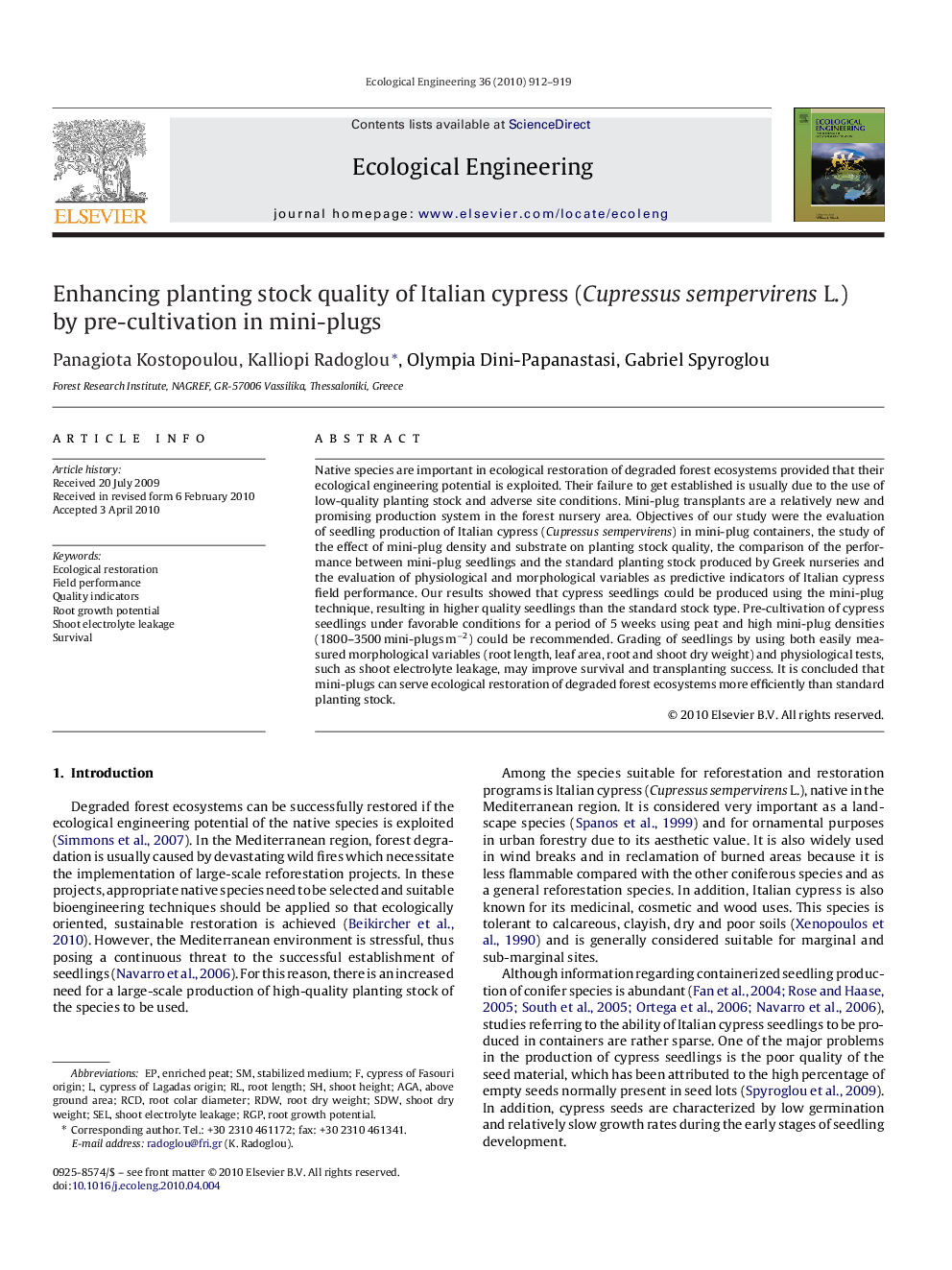 Enhancing planting stock quality of Italian cypress (Cupressus sempervirens L.) by pre-cultivation in mini-plugs