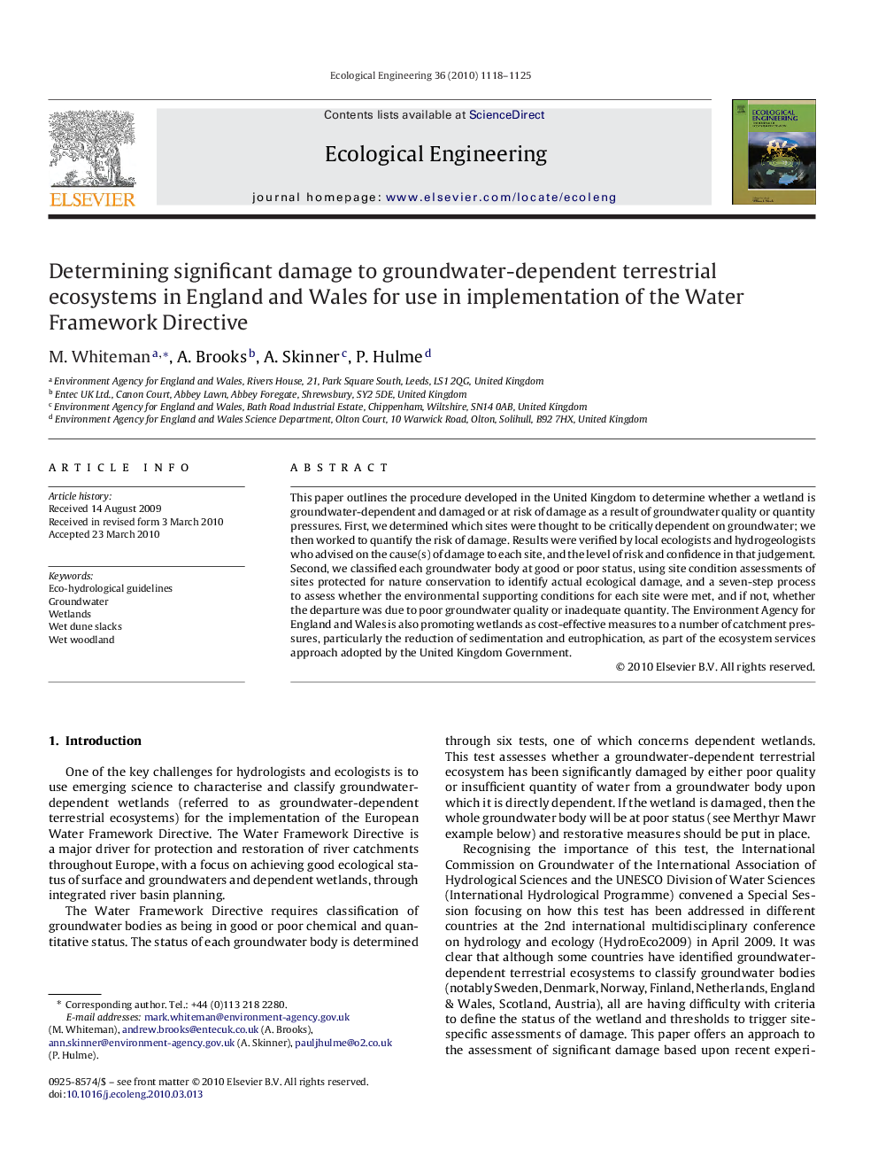 Determining significant damage to groundwater-dependent terrestrial ecosystems in England and Wales for use in implementation of the Water Framework Directive