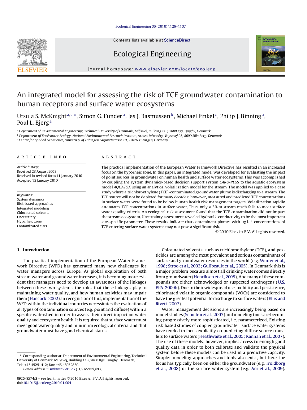 An integrated model for assessing the risk of TCE groundwater contamination to human receptors and surface water ecosystems