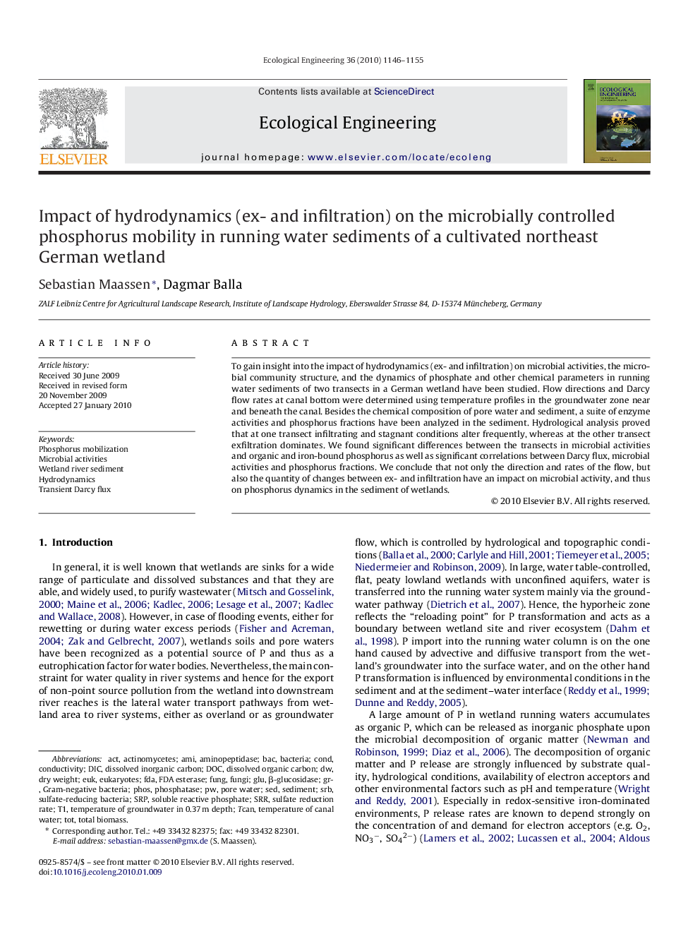 Impact of hydrodynamics (ex- and infiltration) on the microbially controlled phosphorus mobility in running water sediments of a cultivated northeast German wetland