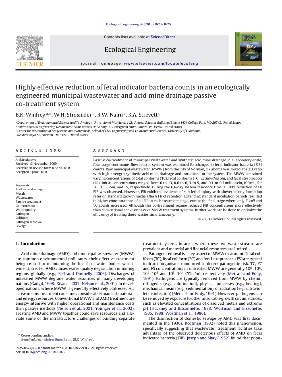 Highly effective reduction of fecal indicator bacteria counts in an ecologically engineered municipal wastewater and acid mine drainage passive co-treatment system