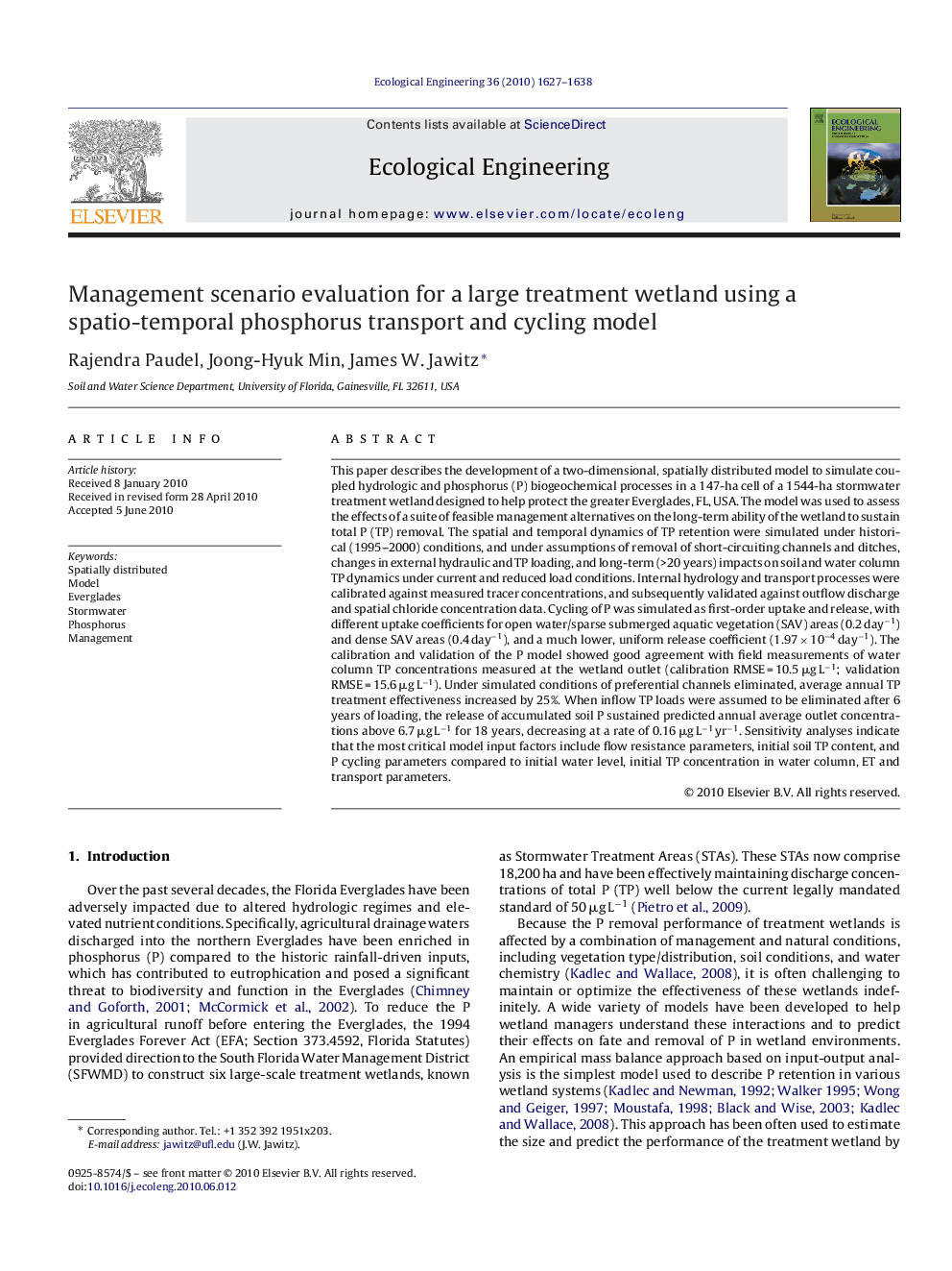 Management scenario evaluation for a large treatment wetland using a spatio-temporal phosphorus transport and cycling model