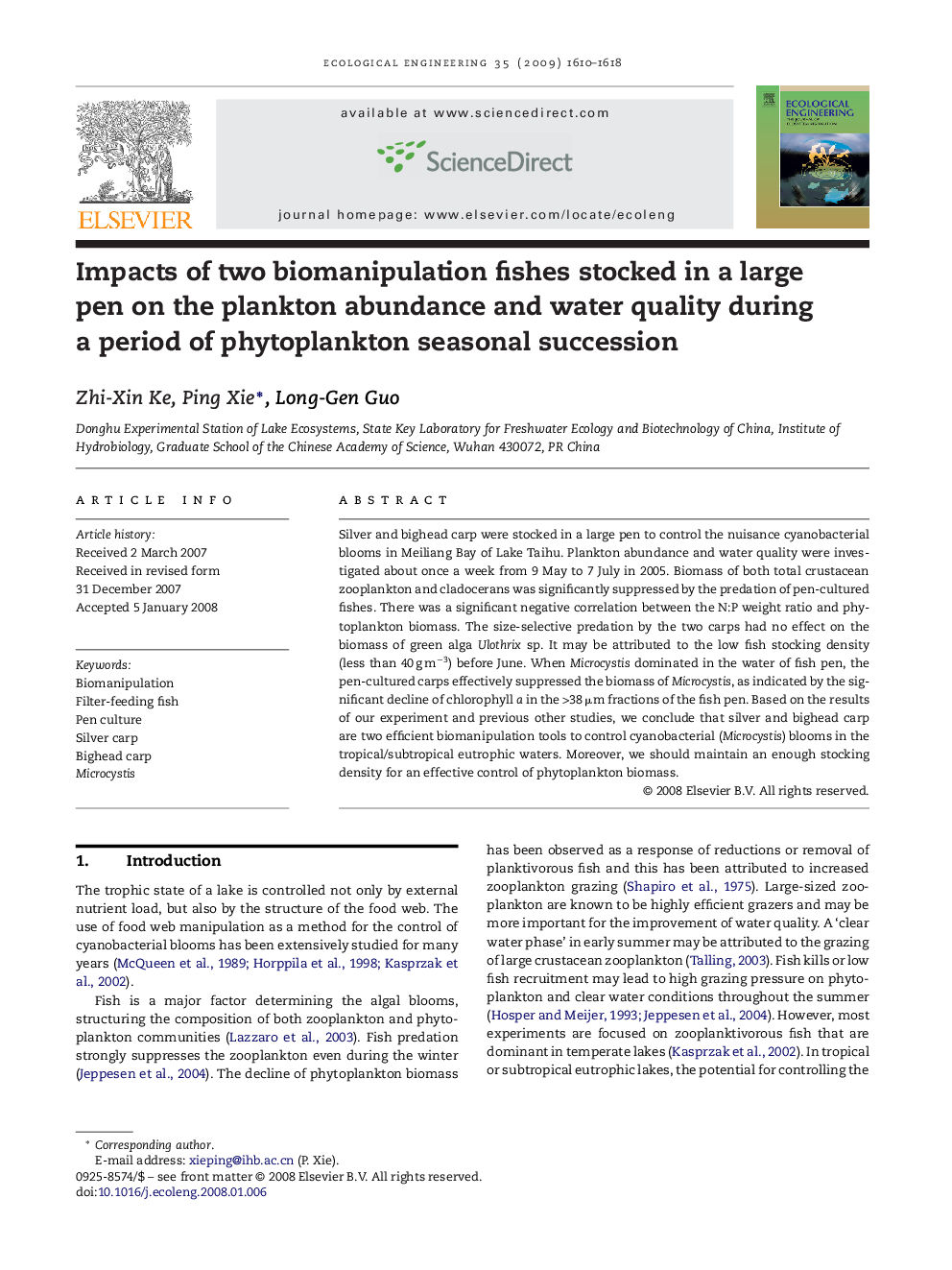 Impacts of two biomanipulation fishes stocked in a large pen on the plankton abundance and water quality during a period of phytoplankton seasonal succession