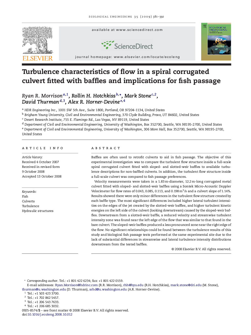 Turbulence characteristics of flow in a spiral corrugated culvert fitted with baffles and implications for fish passage