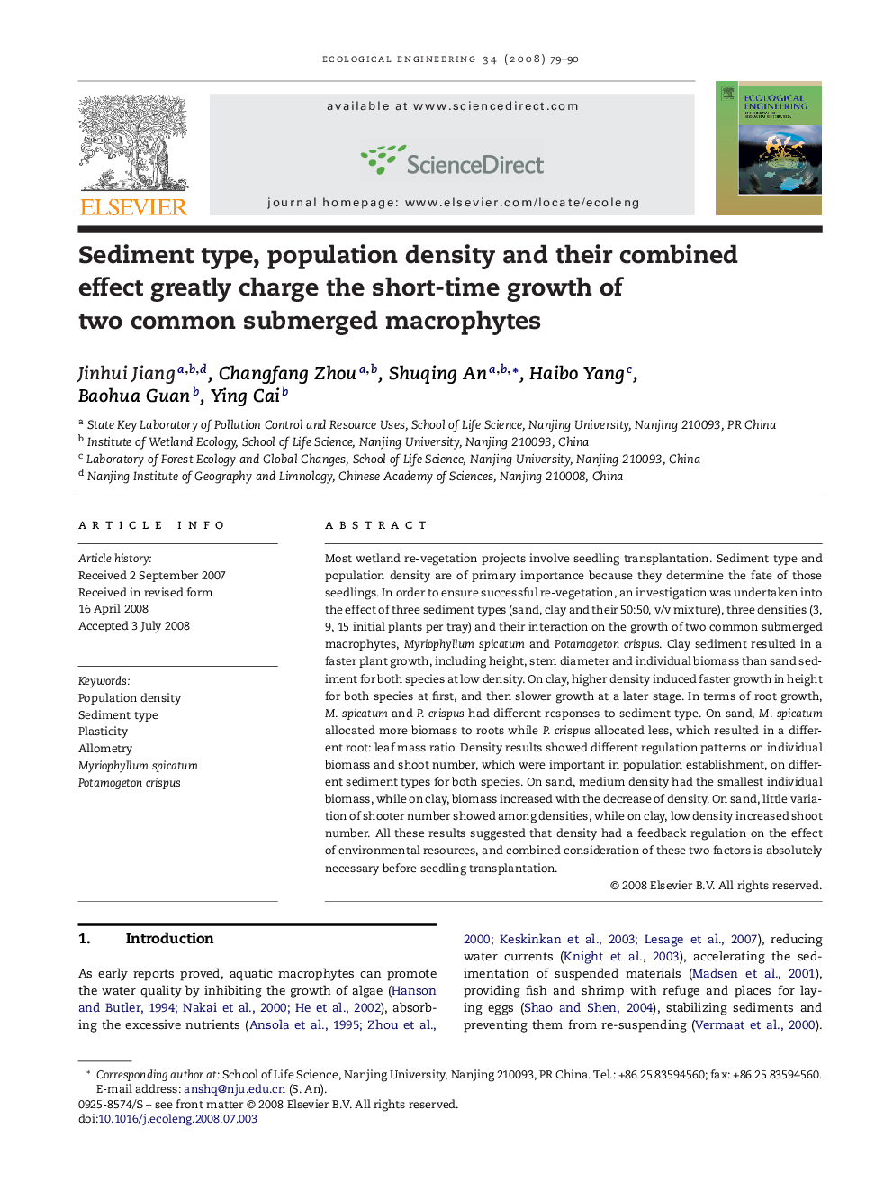 Sediment type, population density and their combined effect greatly charge the short-time growth of two common submerged macrophytes