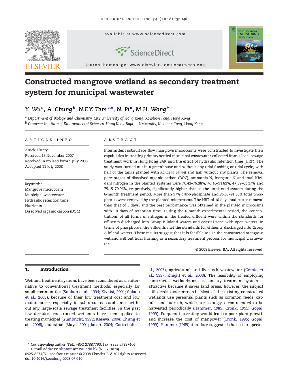 Constructed mangrove wetland as secondary treatment system for municipal wastewater