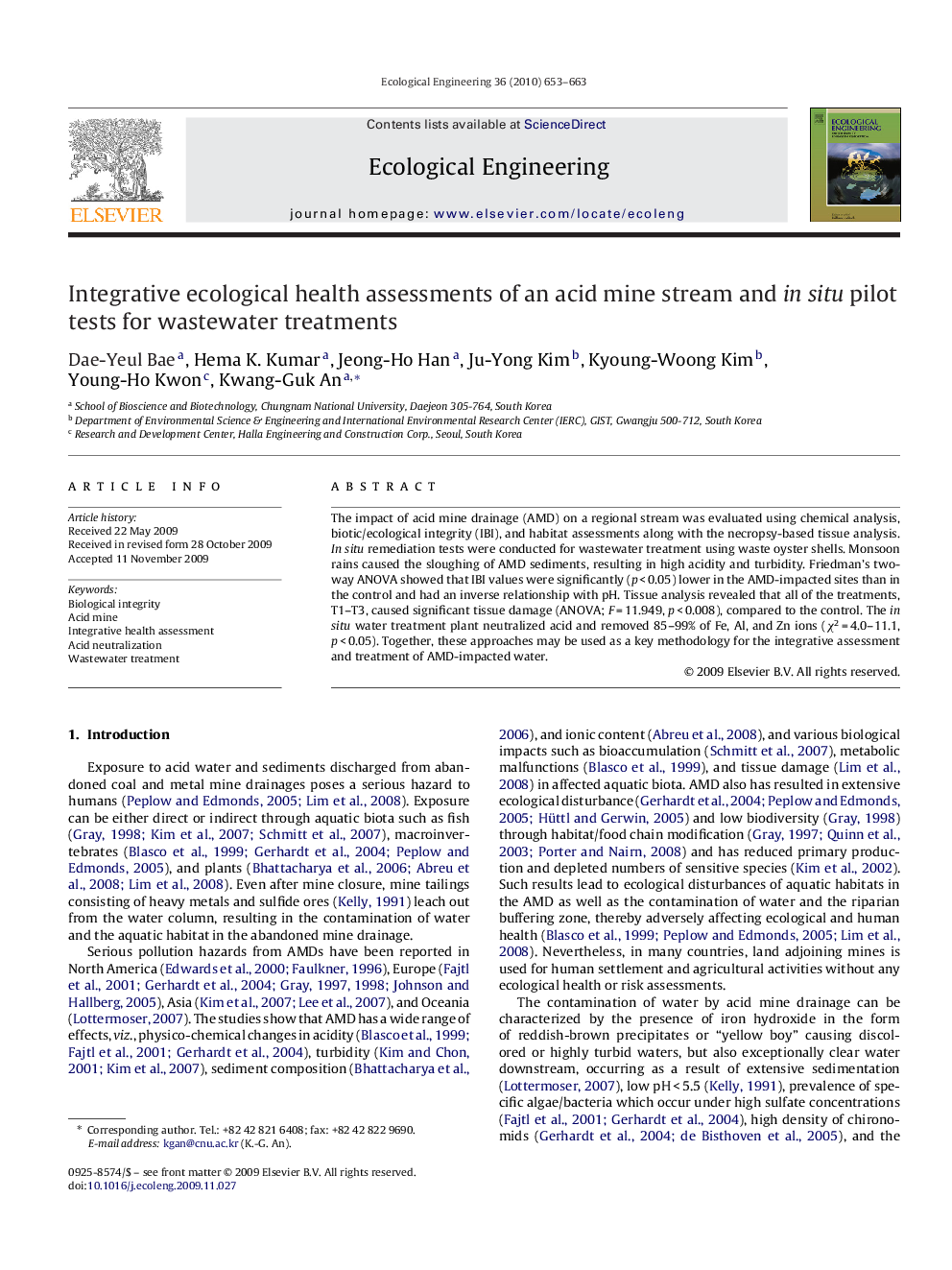 Integrative ecological health assessments of an acid mine stream and in situ pilot tests for wastewater treatments