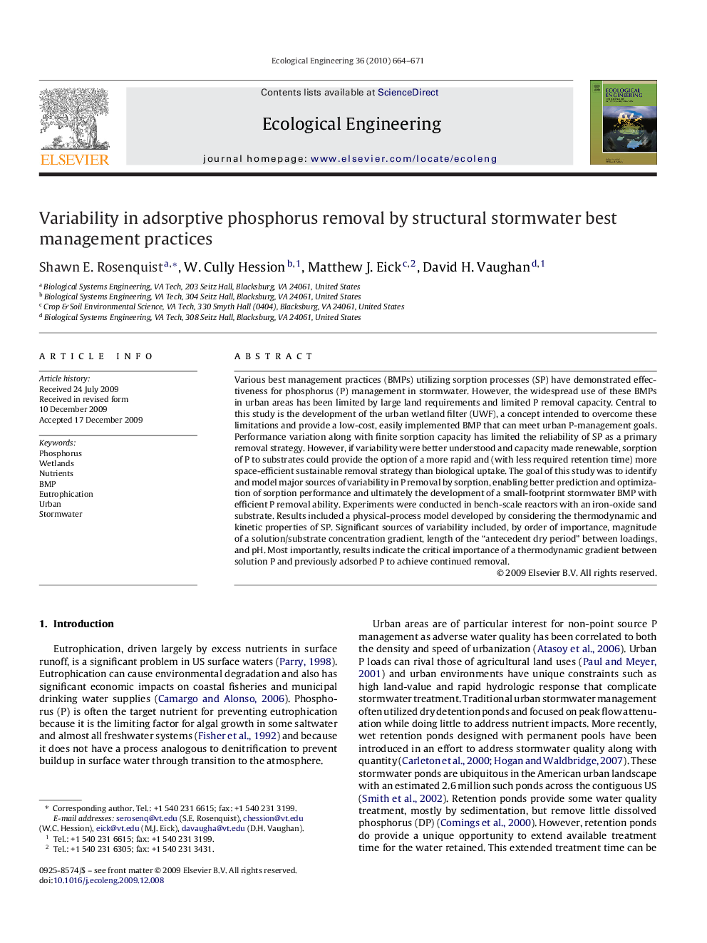 Variability in adsorptive phosphorus removal by structural stormwater best management practices