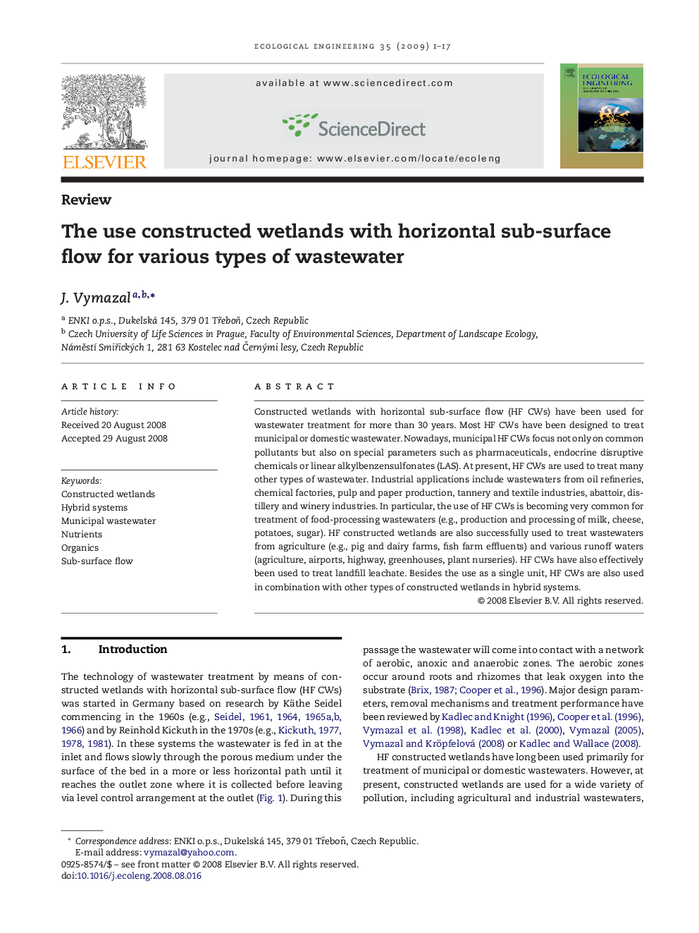 The use constructed wetlands with horizontal sub-surface flow for various types of wastewater