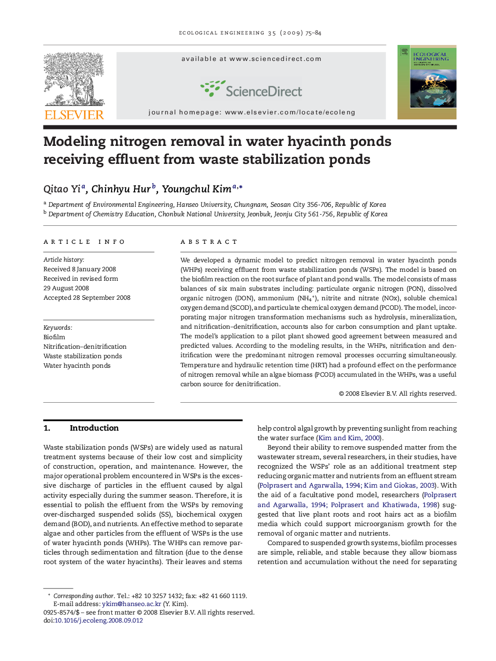 Modeling nitrogen removal in water hyacinth ponds receiving effluent from waste stabilization ponds