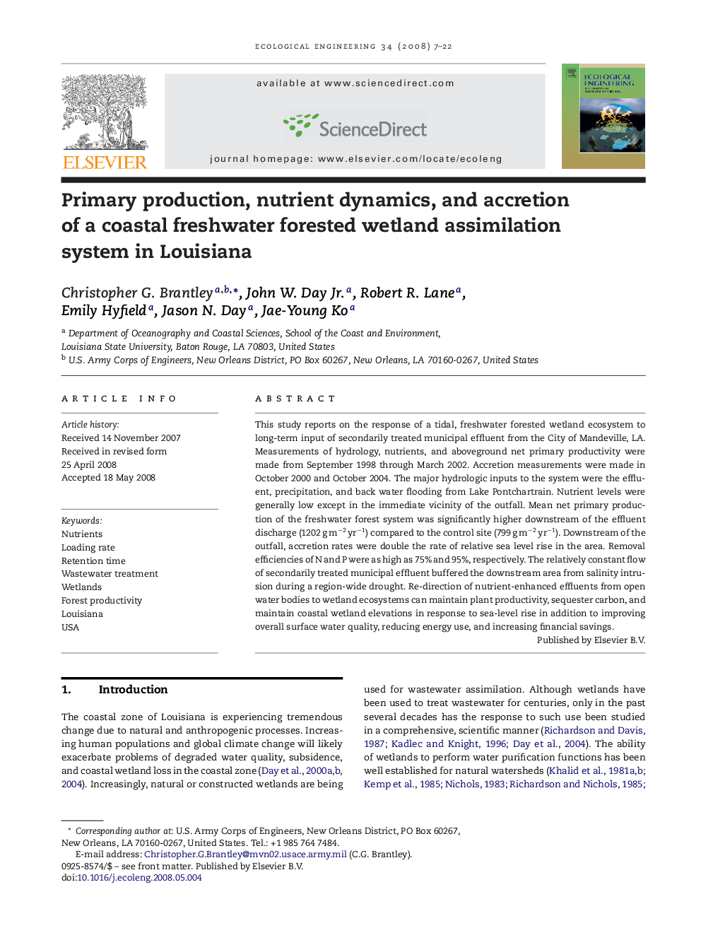 Primary production, nutrient dynamics, and accretion of a coastal freshwater forested wetland assimilation system in Louisiana