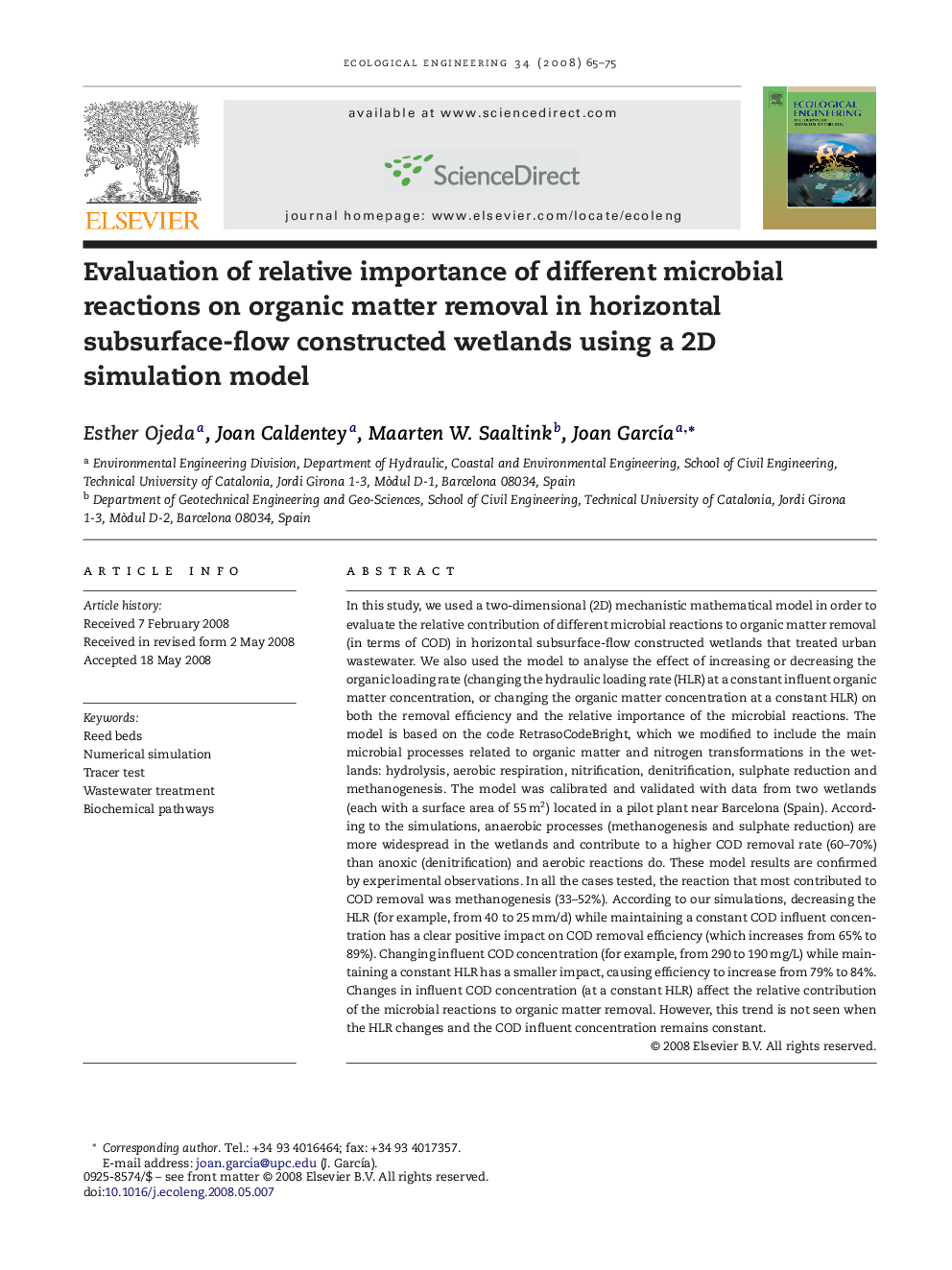 Evaluation of relative importance of different microbial reactions on organic matter removal in horizontal subsurface-flow constructed wetlands using a 2D simulation model