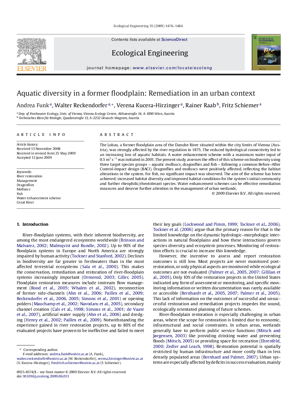 Aquatic diversity in a former floodplain: Remediation in an urban context