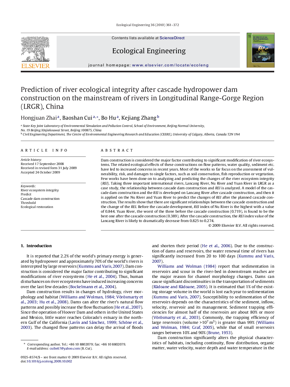 Prediction of river ecological integrity after cascade hydropower dam construction on the mainstream of rivers in Longitudinal Range-Gorge Region (LRGR), China