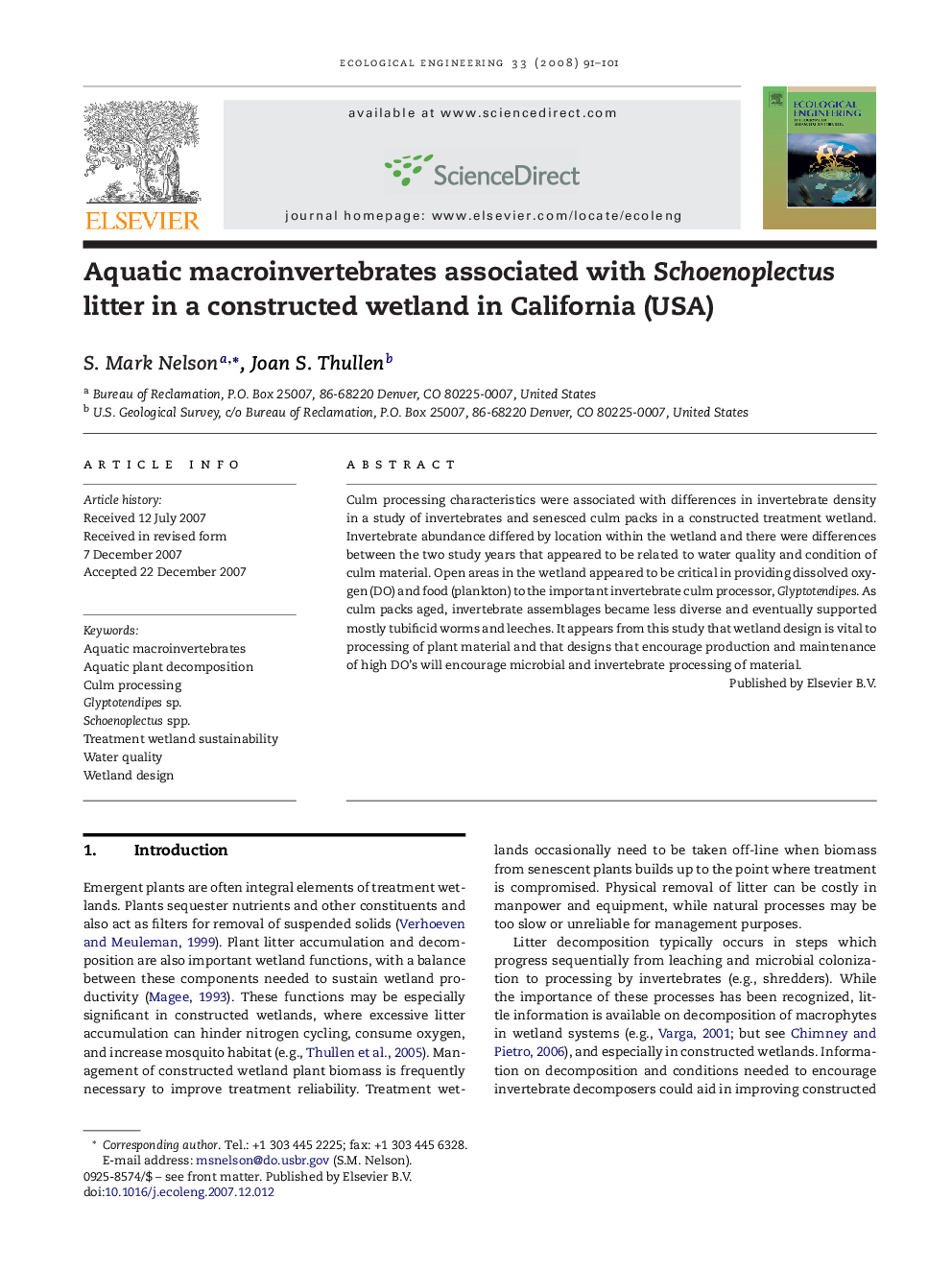 Aquatic macroinvertebrates associated with Schoenoplectus litter in a constructed wetland in California (USA)