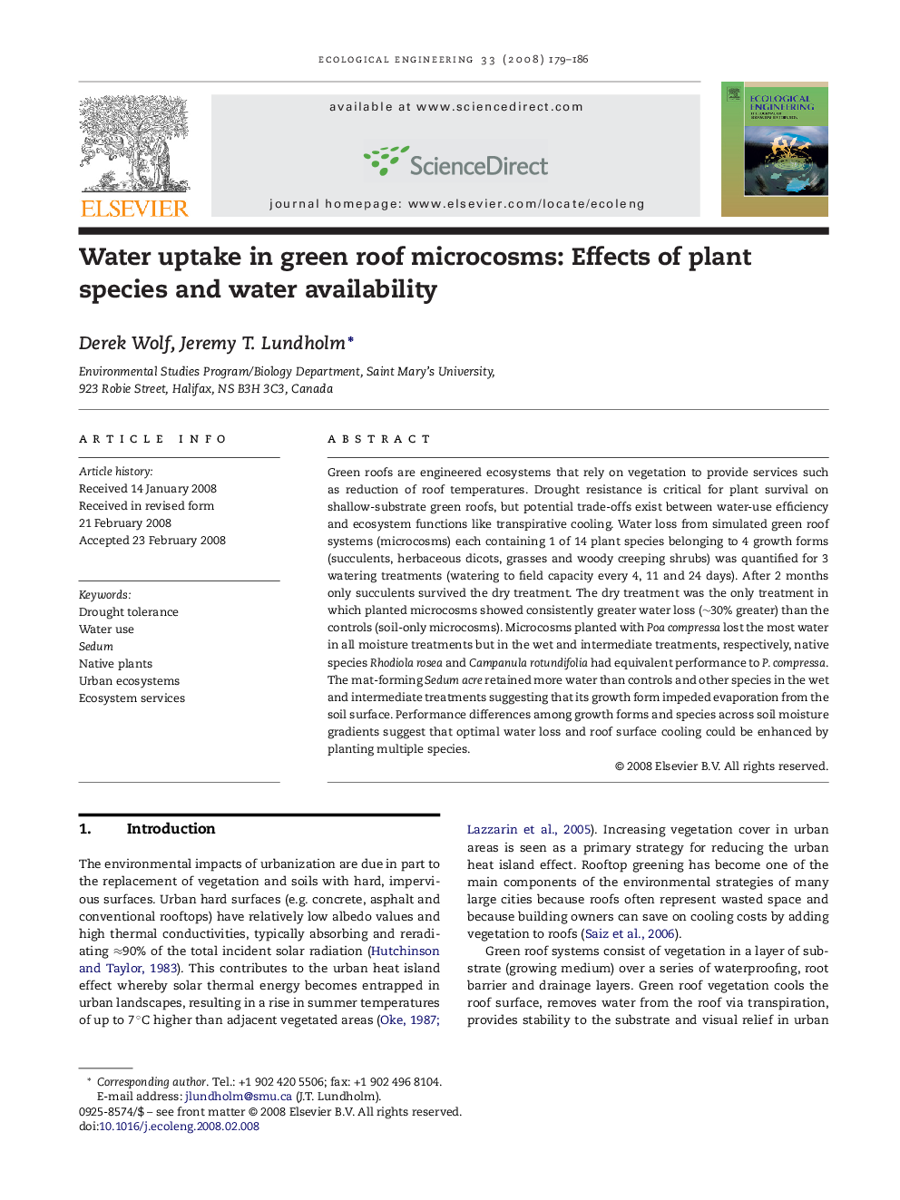 Water uptake in green roof microcosms: Effects of plant species and water availability