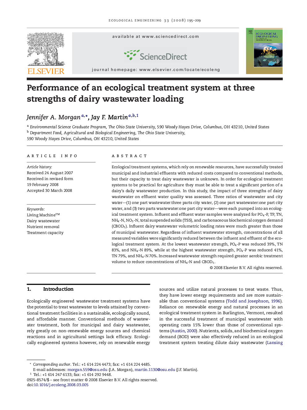 Performance of an ecological treatment system at three strengths of dairy wastewater loading