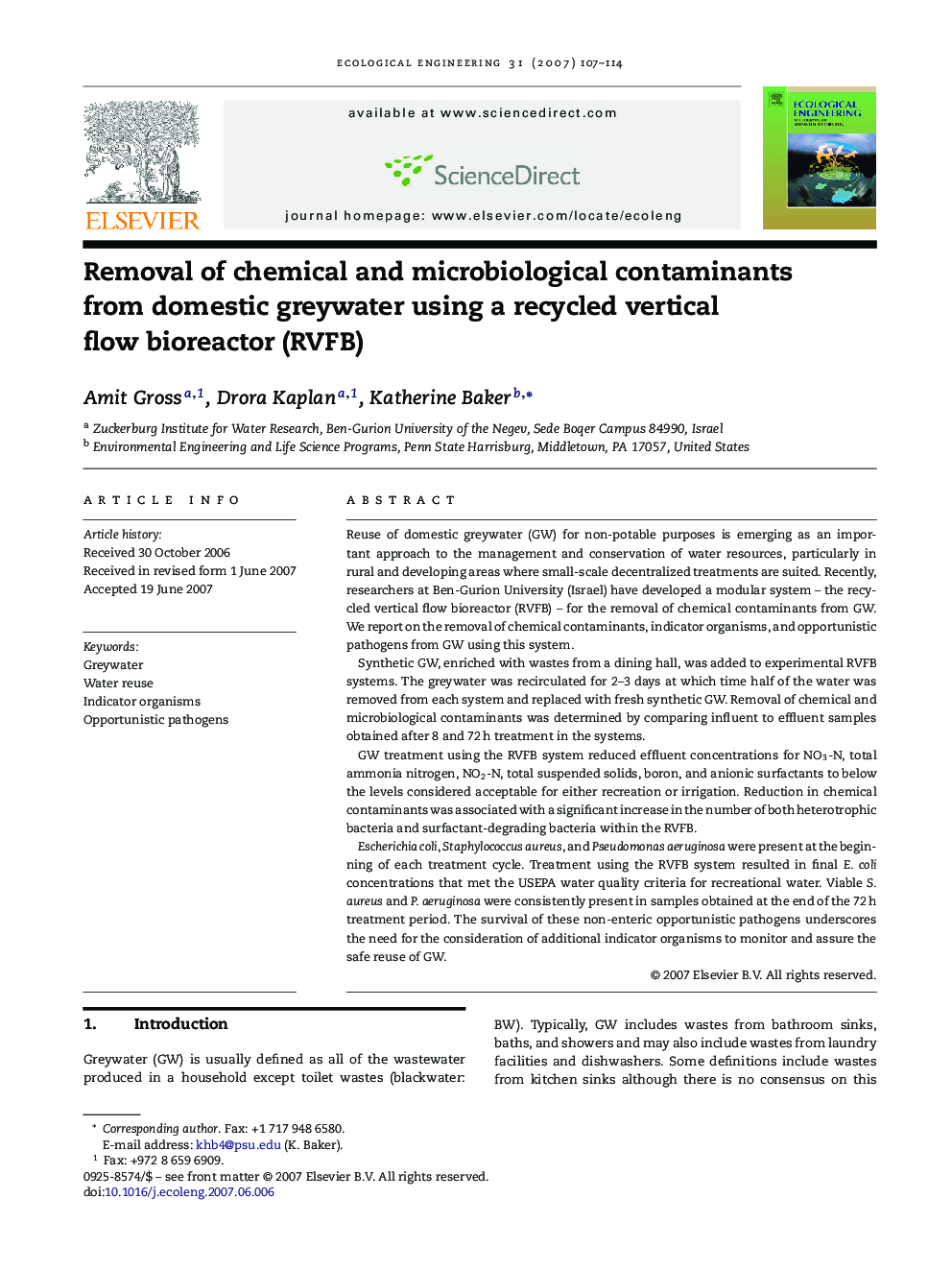 Removal of chemical and microbiological contaminants from domestic greywater using a recycled vertical flow bioreactor (RVFB)