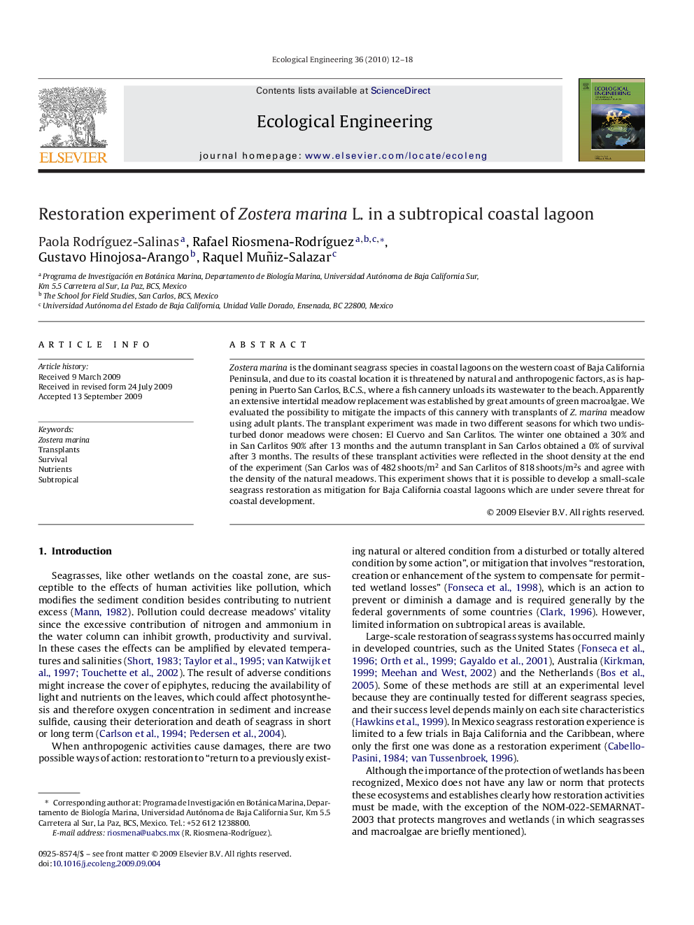 Restoration experiment of Zostera marina L. in a subtropical coastal lagoon