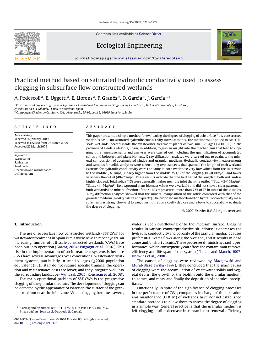 Practical method based on saturated hydraulic conductivity used to assess clogging in subsurface flow constructed wetlands