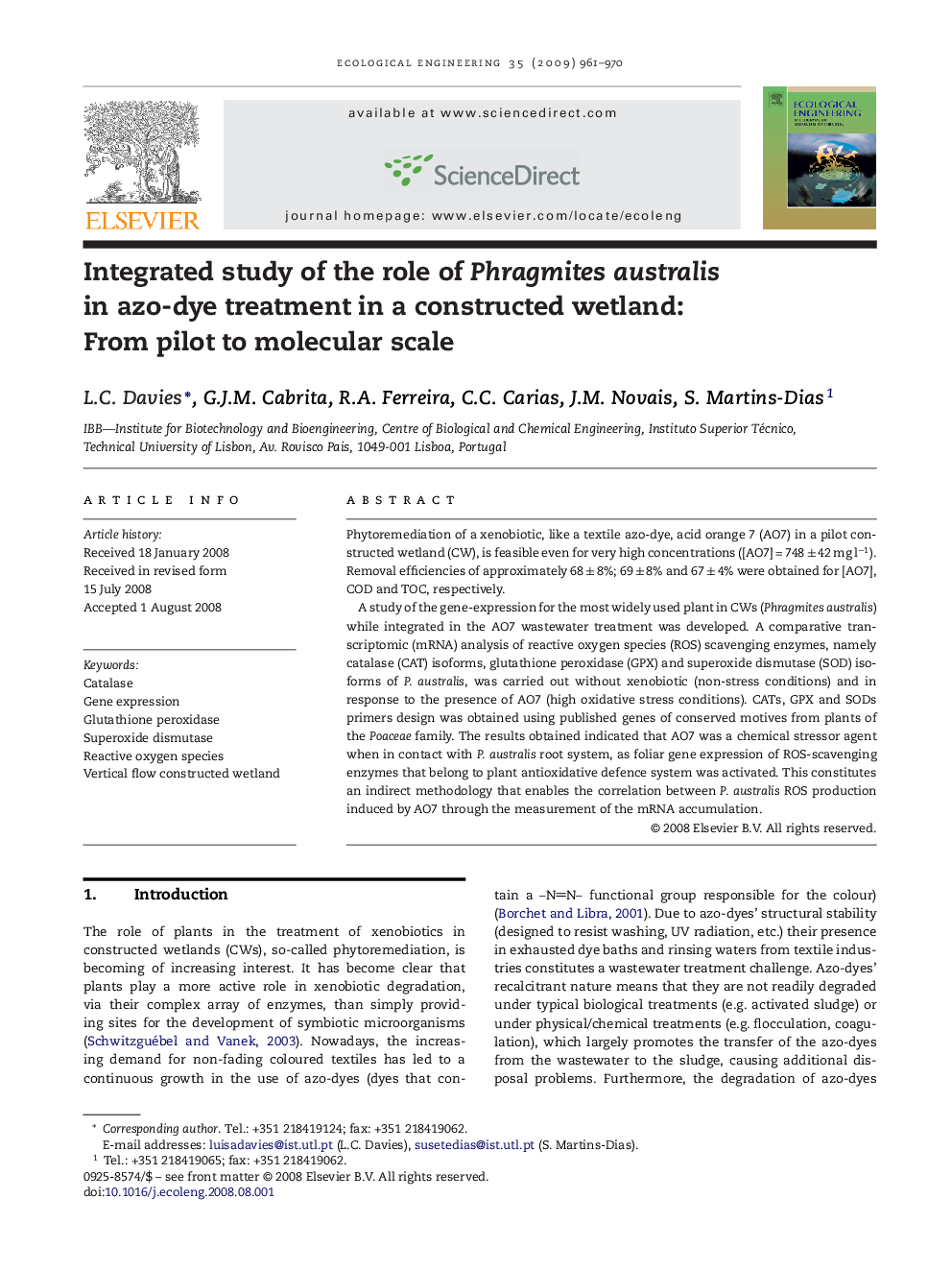 Integrated study of the role of Phragmites australis in azo-dye treatment in a constructed wetland: From pilot to molecular scale