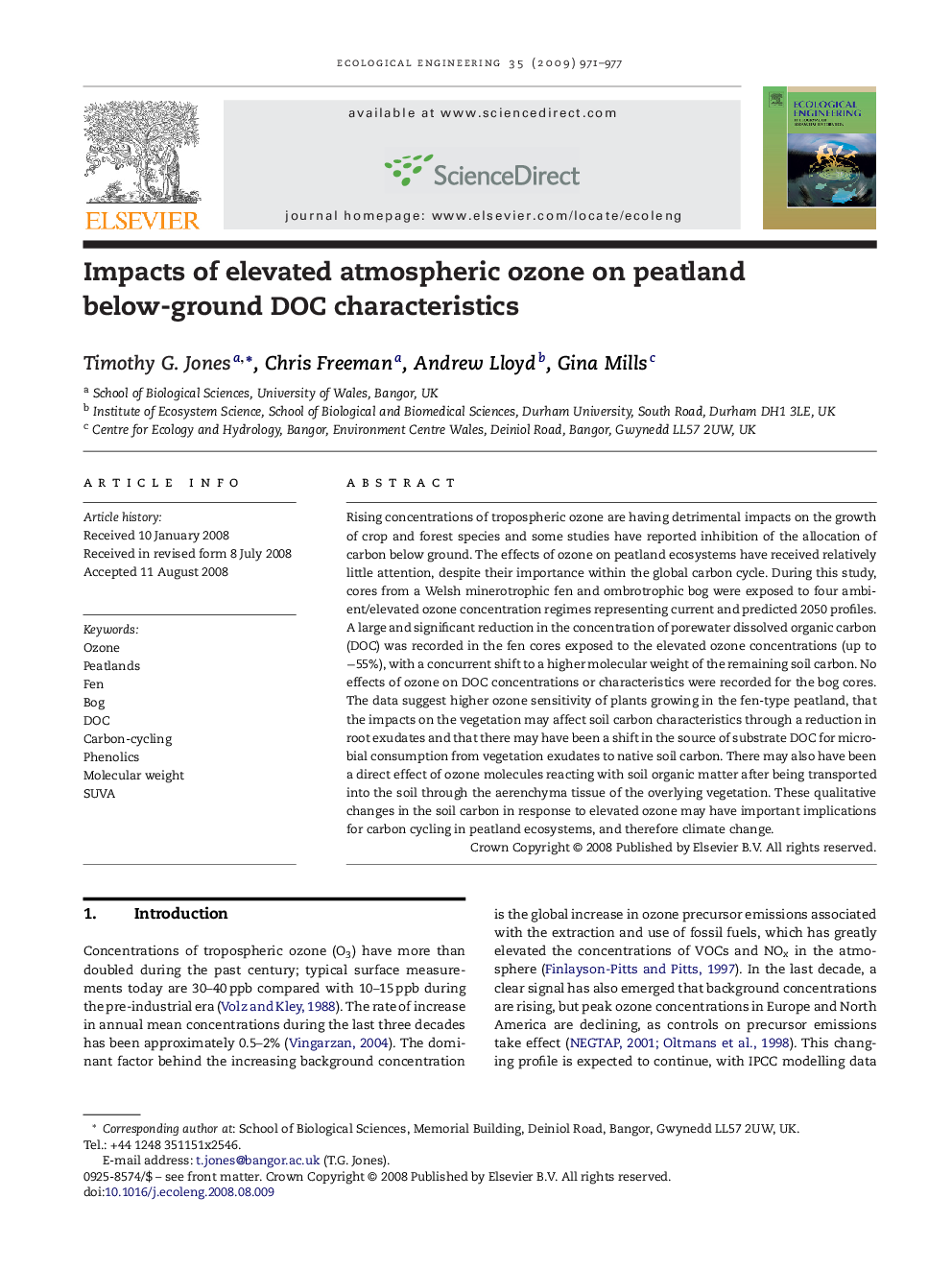 Impacts of elevated atmospheric ozone on peatland below-ground DOC characteristics