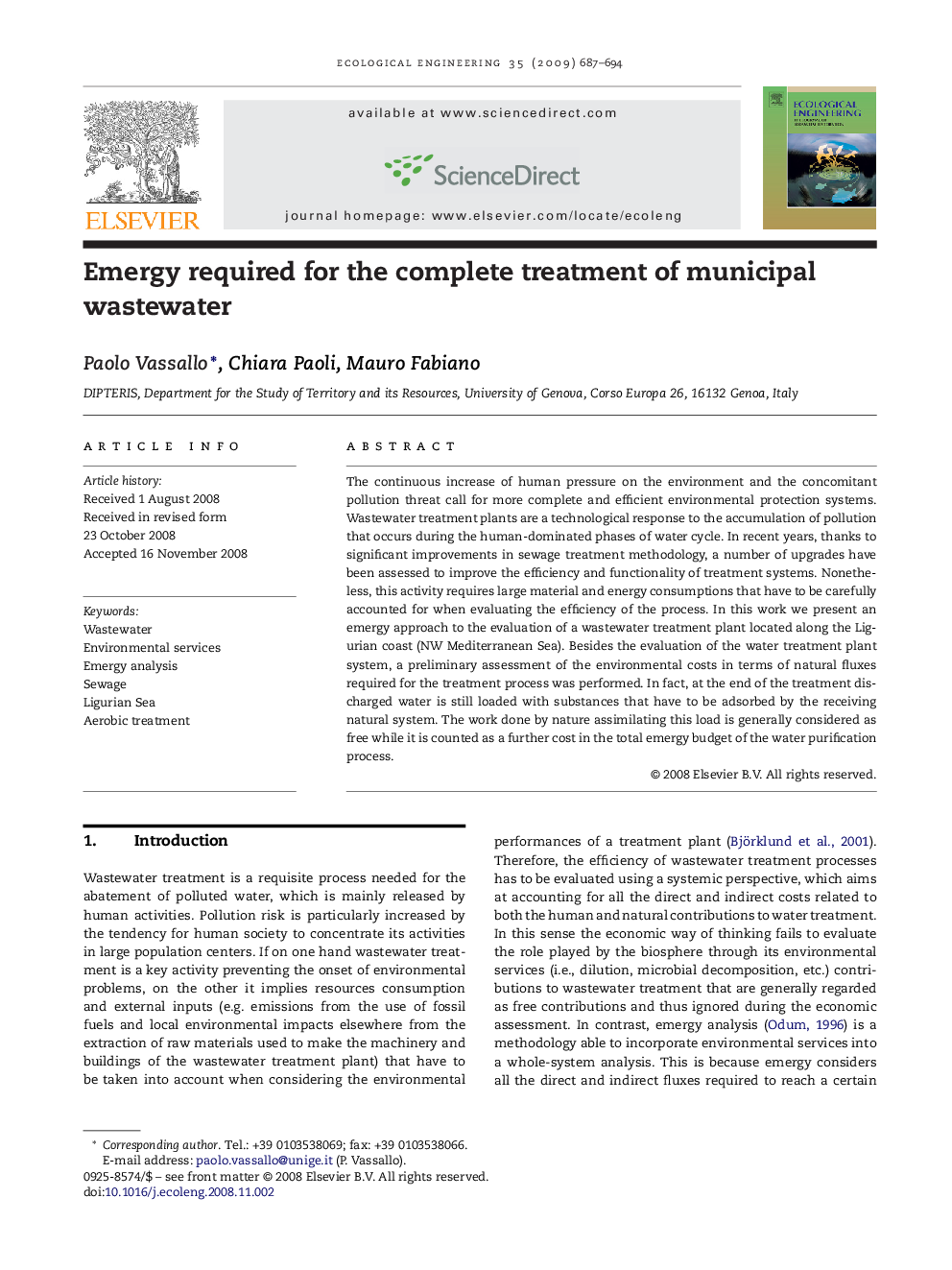 Emergy required for the complete treatment of municipal wastewater