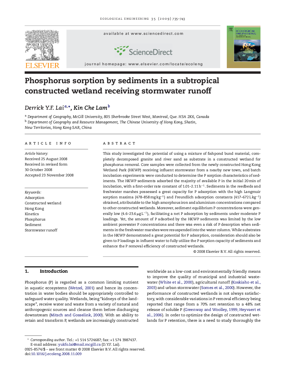 Phosphorus sorption by sediments in a subtropical constructed wetland receiving stormwater runoff