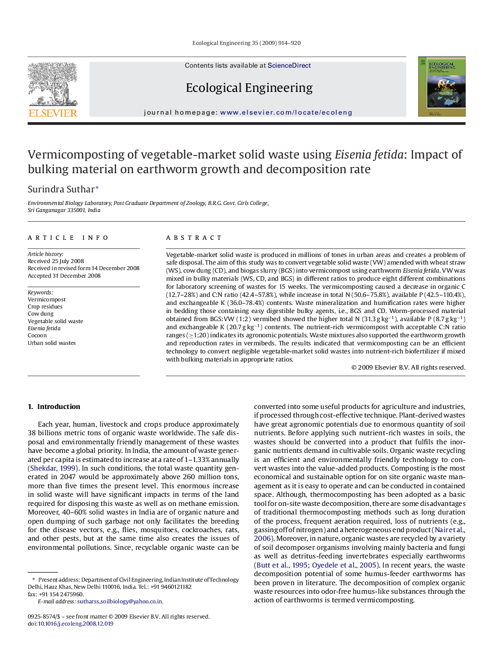 Vermicomposting of vegetable-market solid waste using Eisenia fetida: Impact of bulking material on earthworm growth and decomposition rate