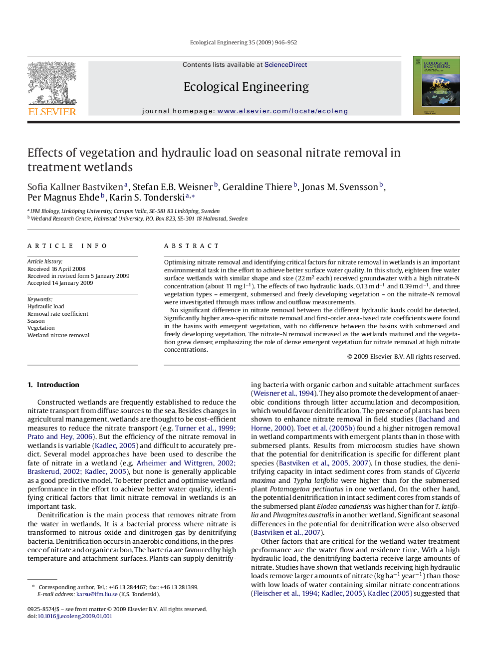 Effects of vegetation and hydraulic load on seasonal nitrate removal in treatment wetlands