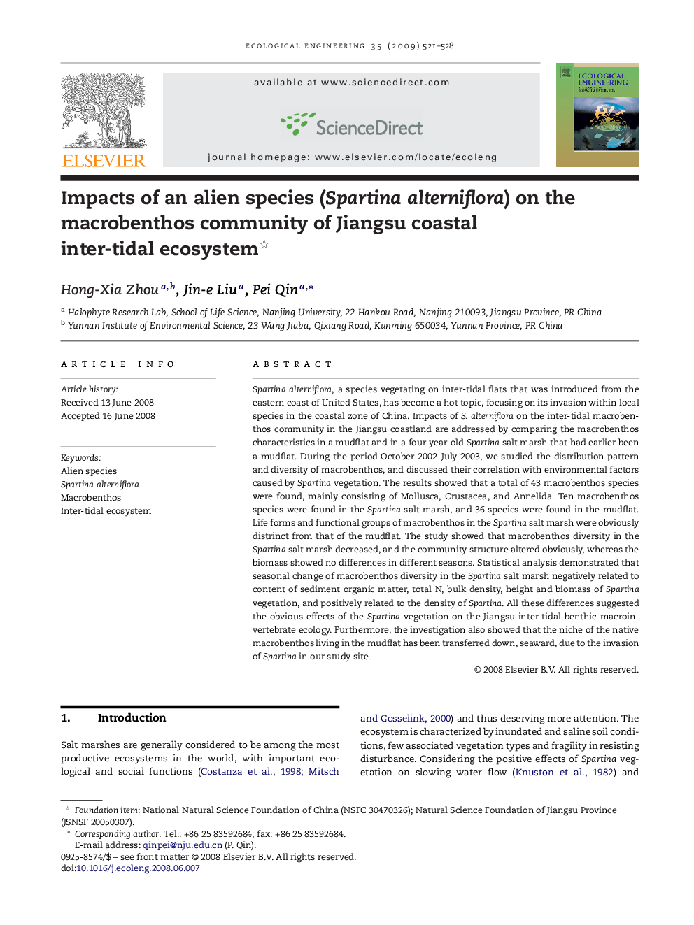 Impacts of an alien species (Spartina alterniflora) on the macrobenthos community of Jiangsu coastal inter-tidal ecosystem 