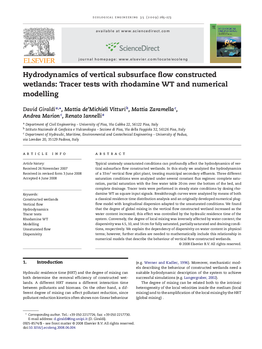 Hydrodynamics of vertical subsurface flow constructed wetlands: Tracer tests with rhodamine WT and numerical modelling