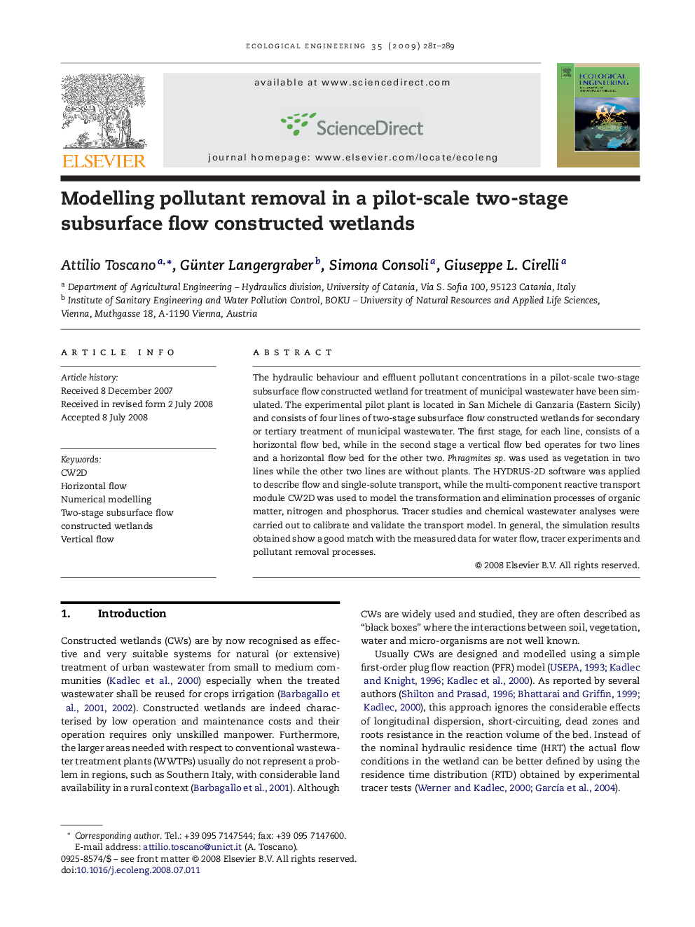 Modelling pollutant removal in a pilot-scale two-stage subsurface flow constructed wetlands