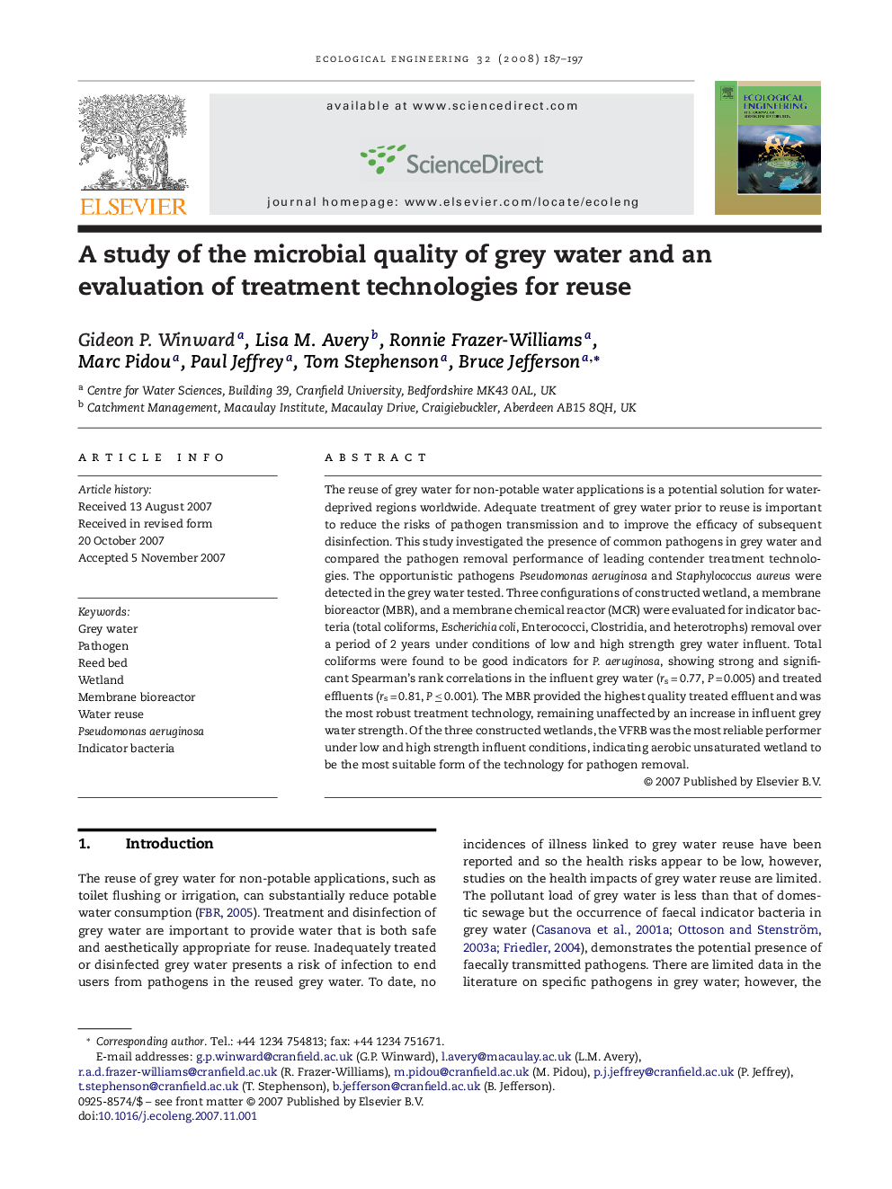 A study of the microbial quality of grey water and an evaluation of treatment technologies for reuse