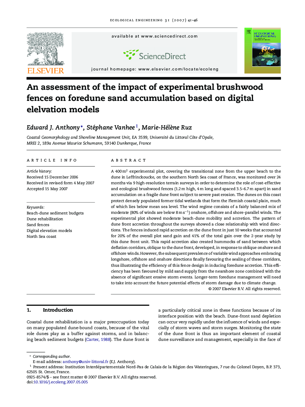 An assessment of the impact of experimental brushwood fences on foredune sand accumulation based on digital elelvation models