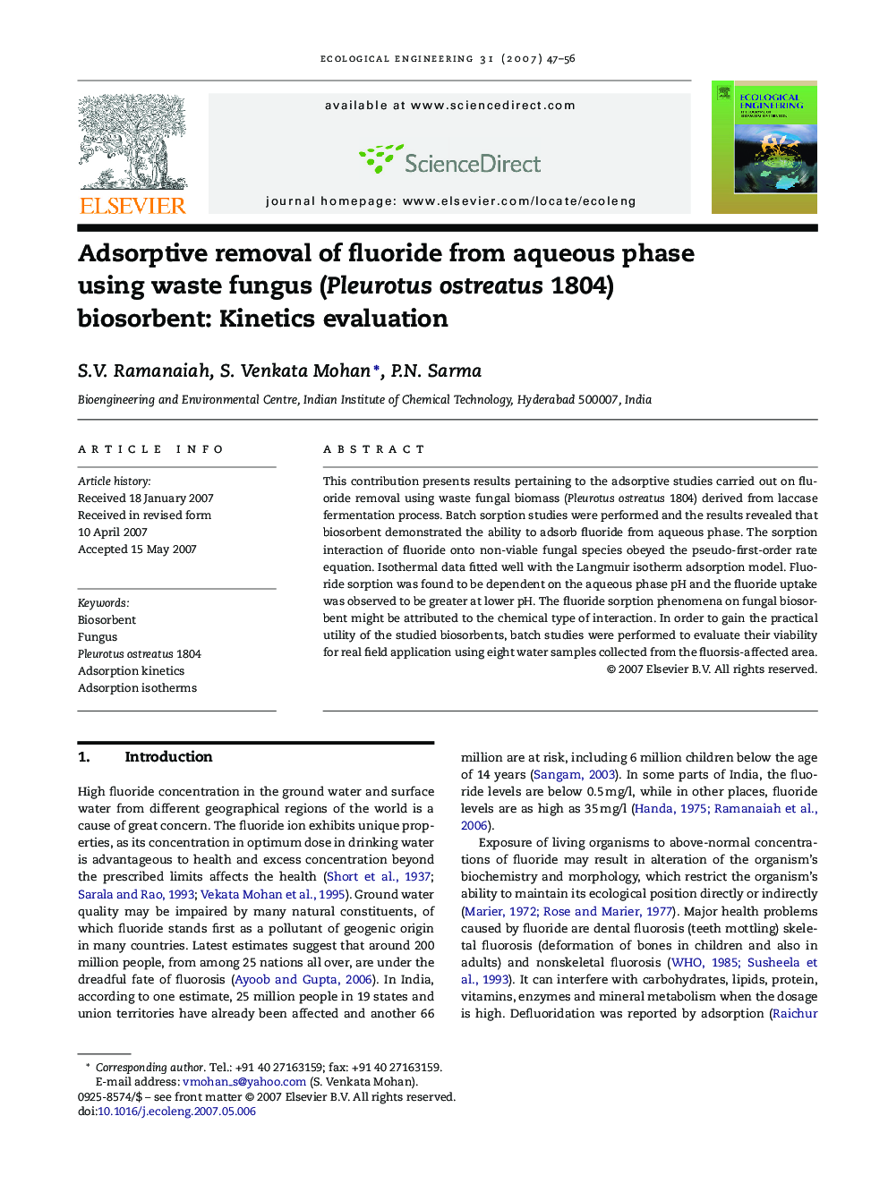 Adsorptive removal of fluoride from aqueous phase using waste fungus (Pleurotus ostreatus 1804) biosorbent: Kinetics evaluation