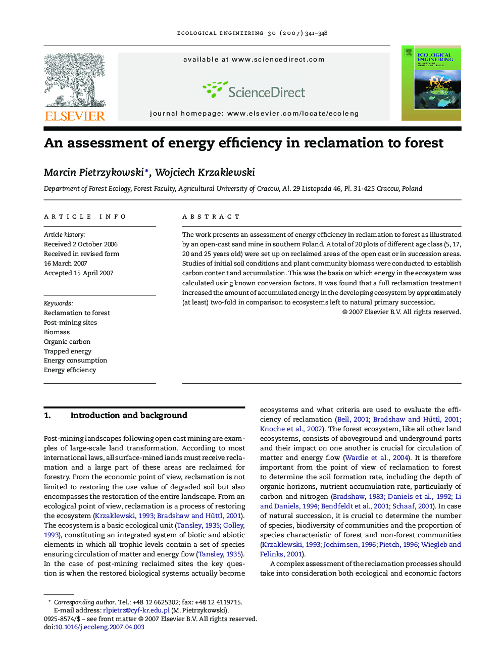 An assessment of energy efficiency in reclamation to forest