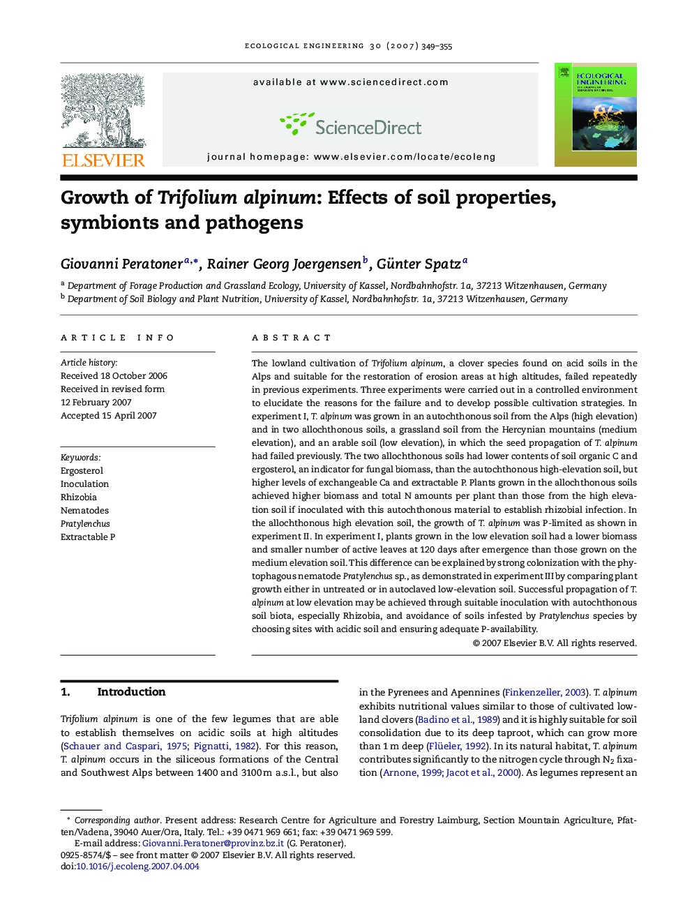 Growth of Trifolium alpinum: Effects of soil properties, symbionts and pathogens