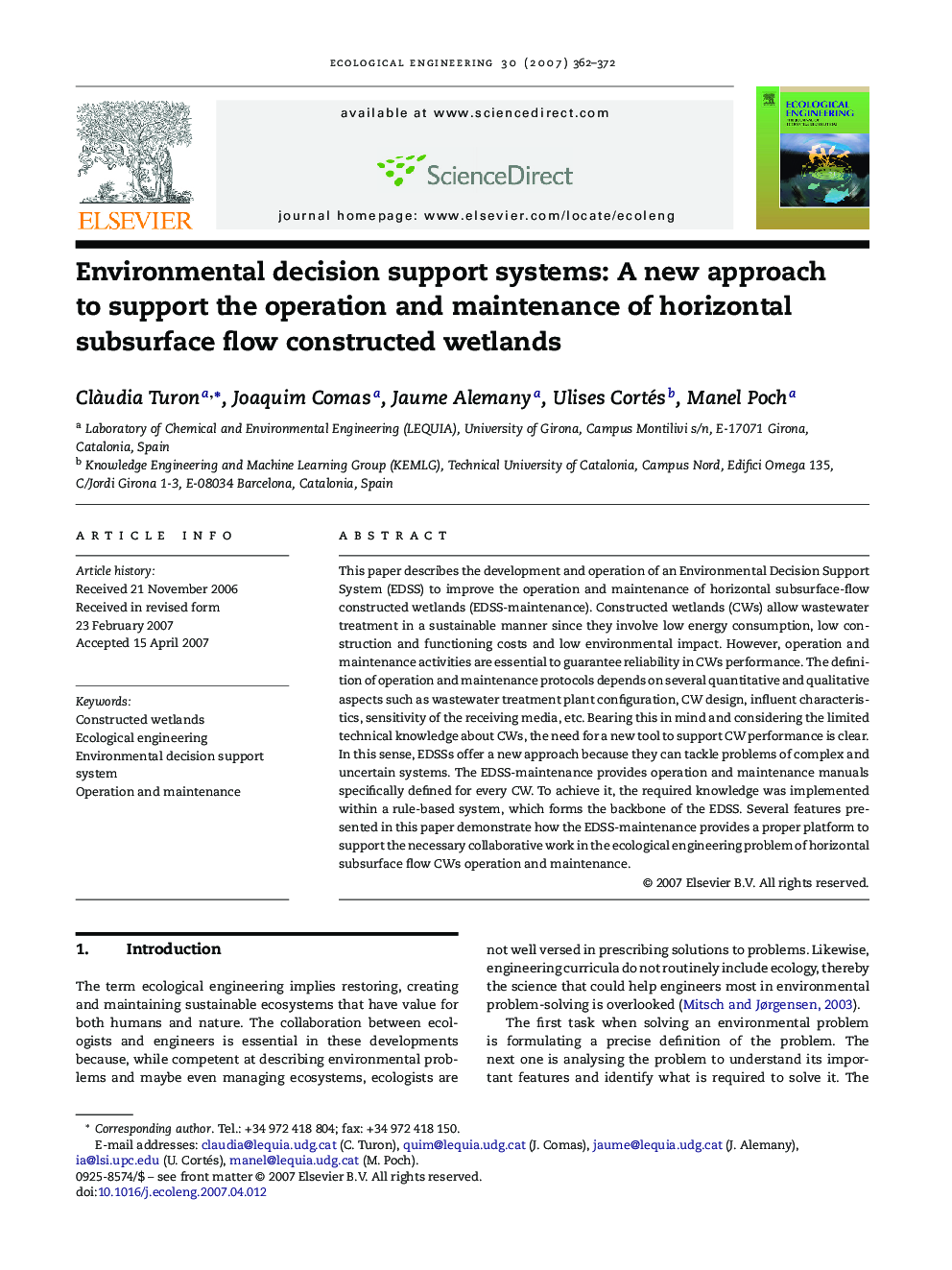 Environmental decision support systems: A new approach to support the operation and maintenance of horizontal subsurface flow constructed wetlands