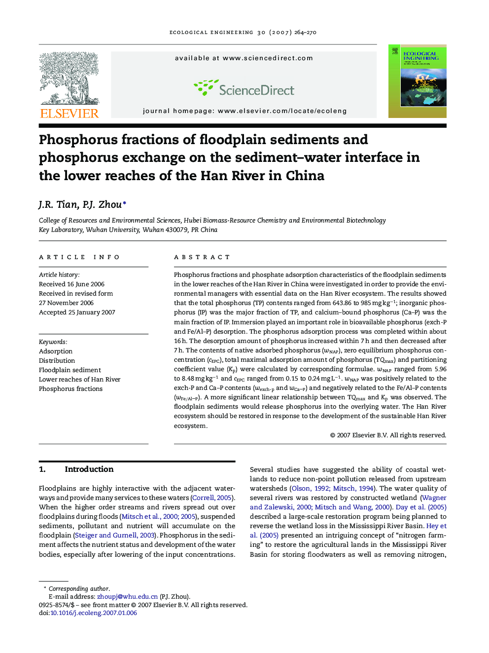 Phosphorus fractions of floodplain sediments and phosphorus exchange on the sediment–water interface in the lower reaches of the Han River in China