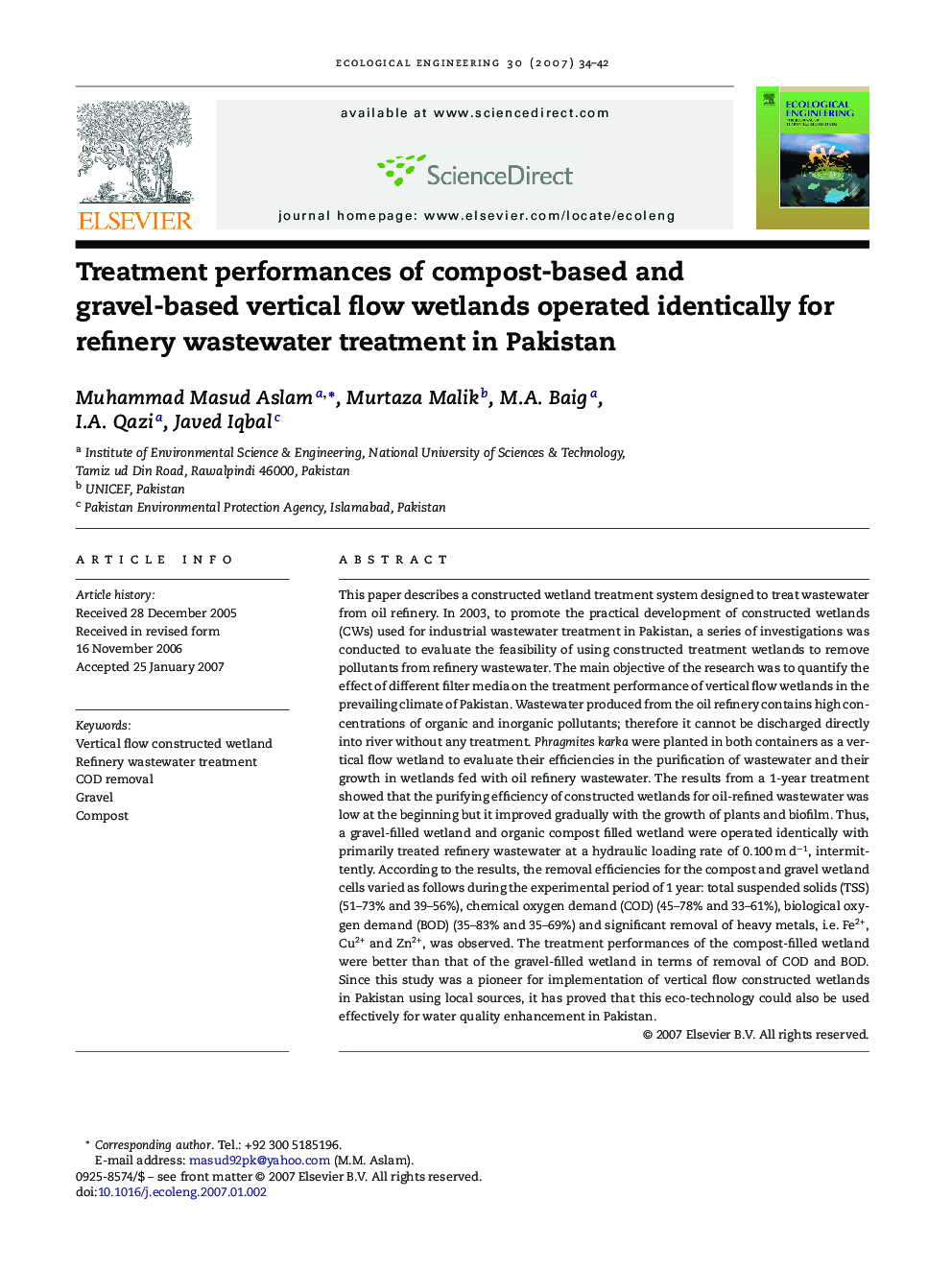 Treatment performances of compost-based and gravel-based vertical flow wetlands operated identically for refinery wastewater treatment in Pakistan