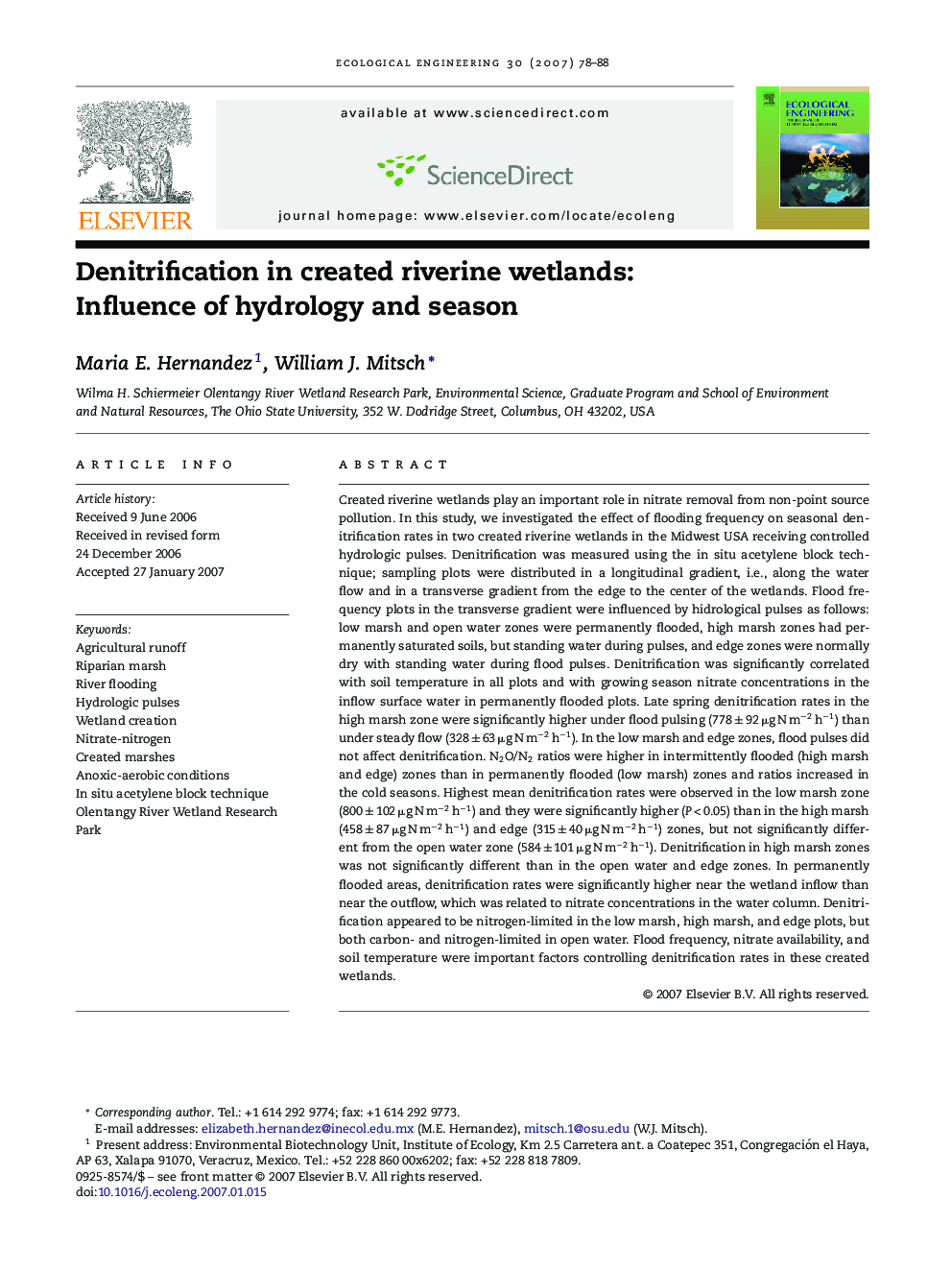 Denitrification in created riverine wetlands: Influence of hydrology and season