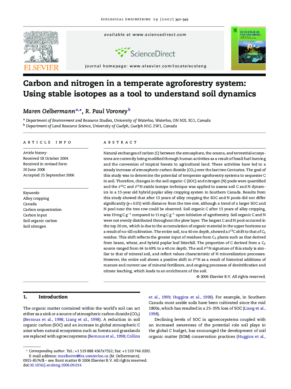 Carbon and nitrogen in a temperate agroforestry system: Using stable isotopes as a tool to understand soil dynamics