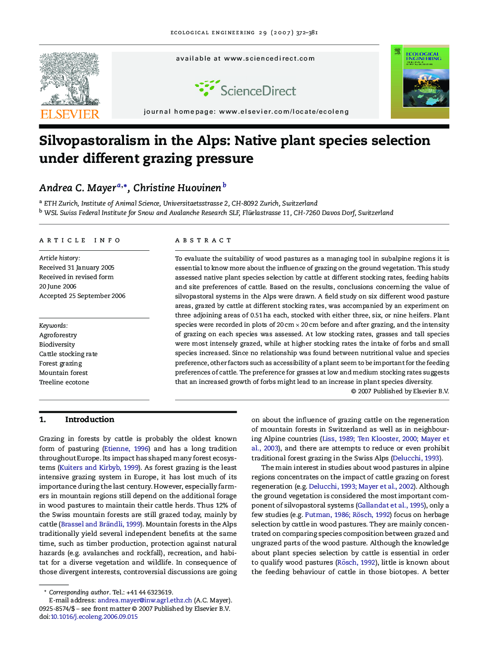 Silvopastoralism in the Alps: Native plant species selection under different grazing pressure