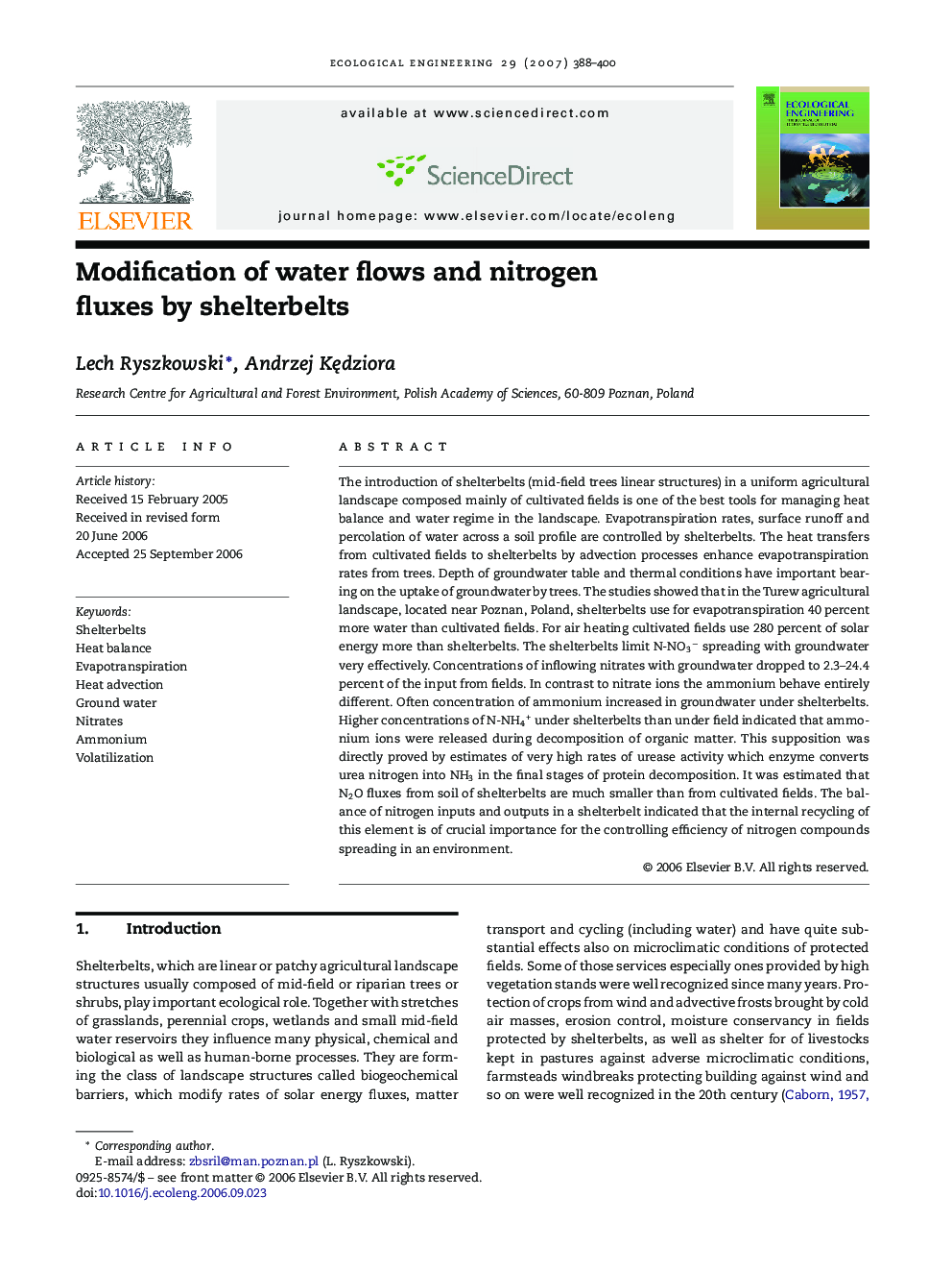 Modification of water flows and nitrogen fluxes by shelterbelts