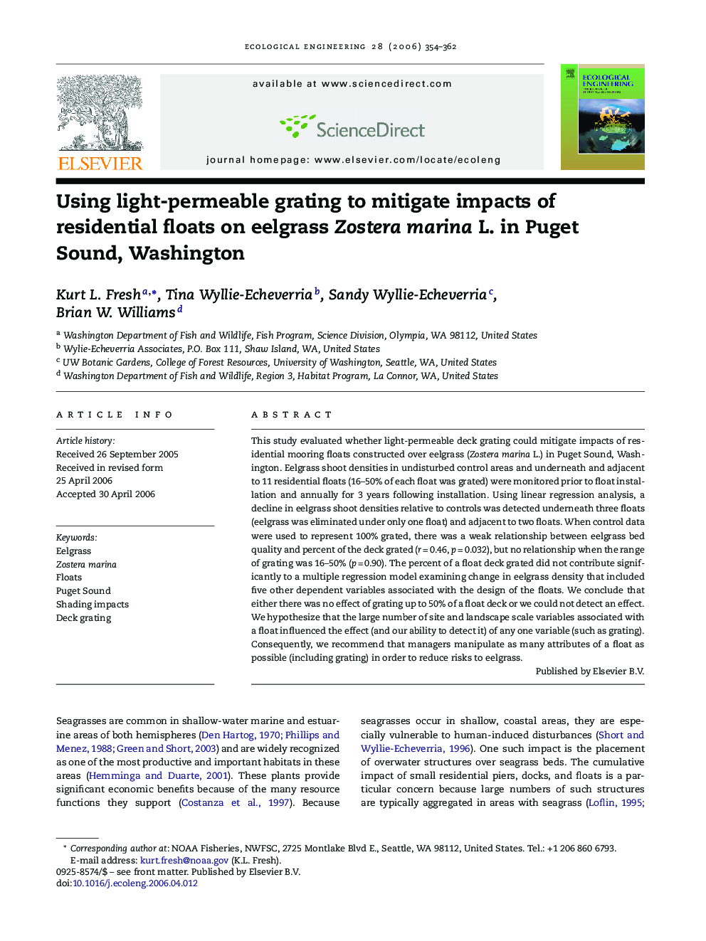 Using light-permeable grating to mitigate impacts of residential floats on eelgrass Zostera marina L. in Puget Sound, Washington