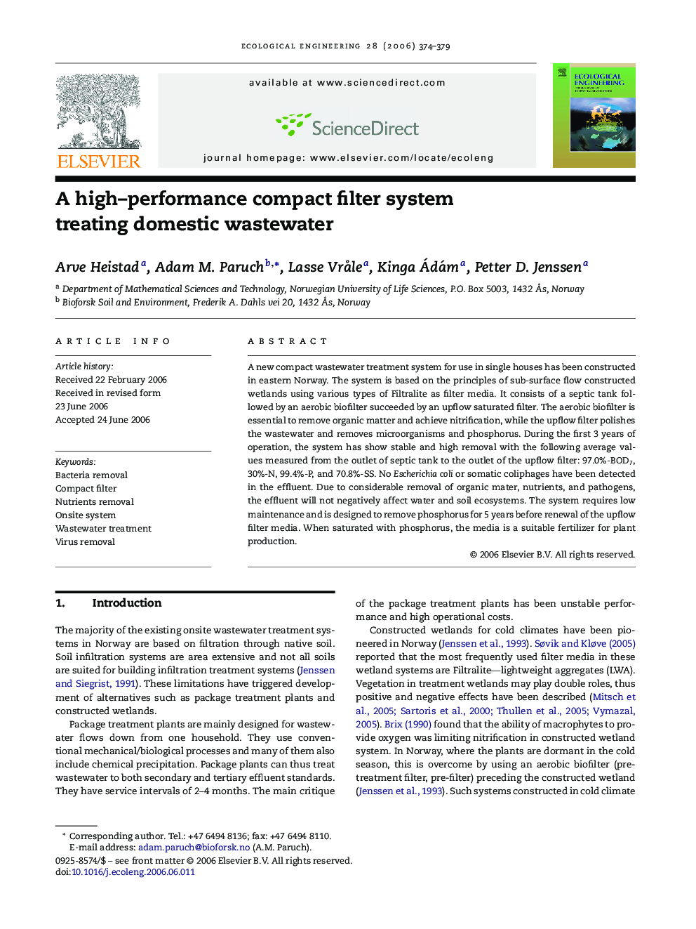 A high–performance compact filter system treating domestic wastewater