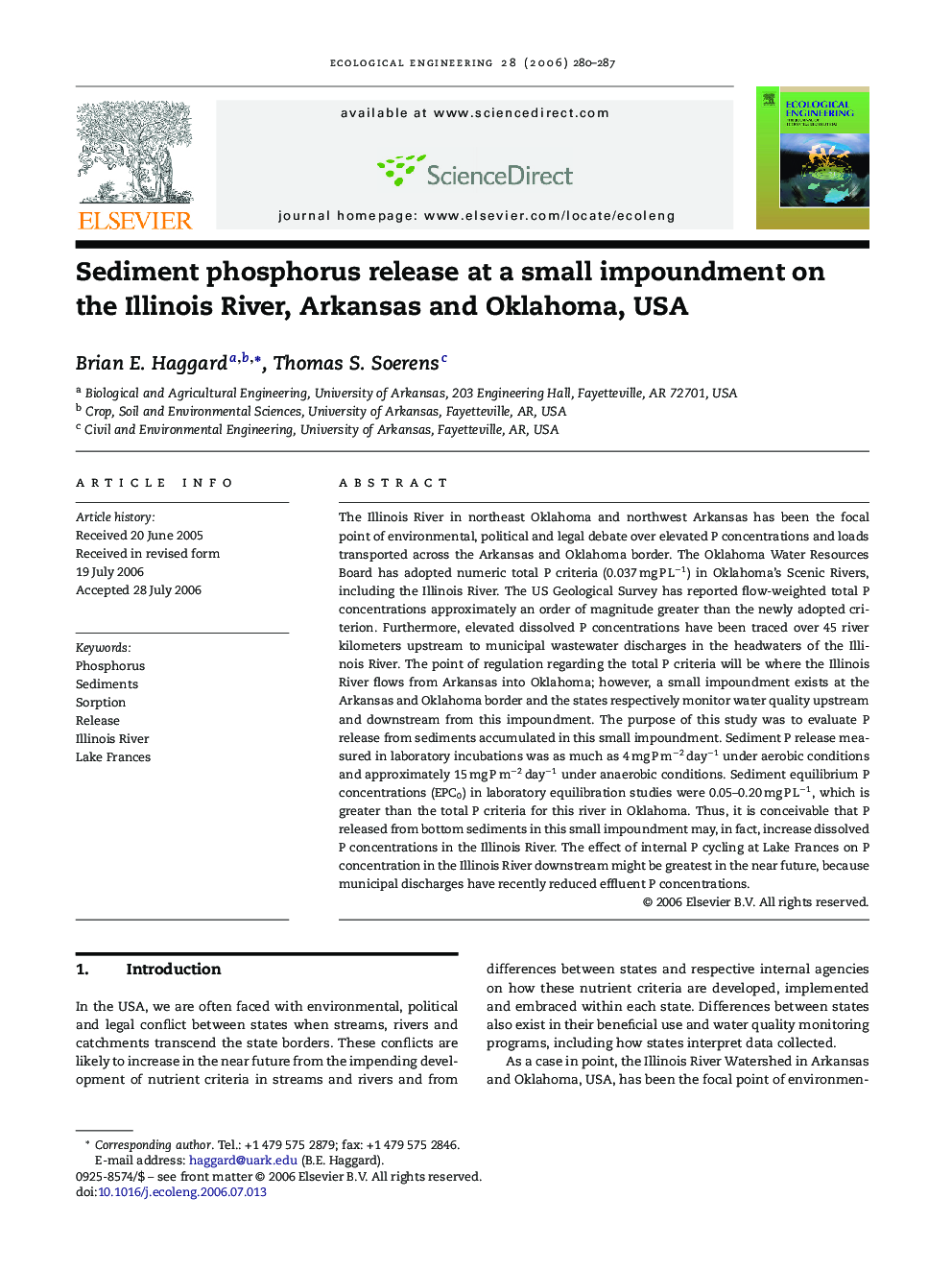 Sediment phosphorus release at a small impoundment on the Illinois River, Arkansas and Oklahoma, USA