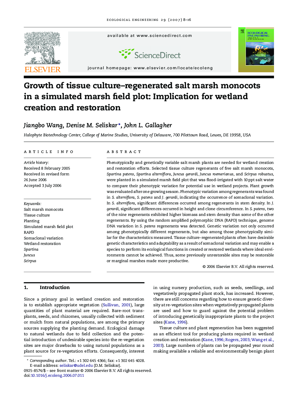 Growth of tissue culture-regenerated salt marsh monocots in a simulated marsh field plot: Implication for wetland creation and restoration