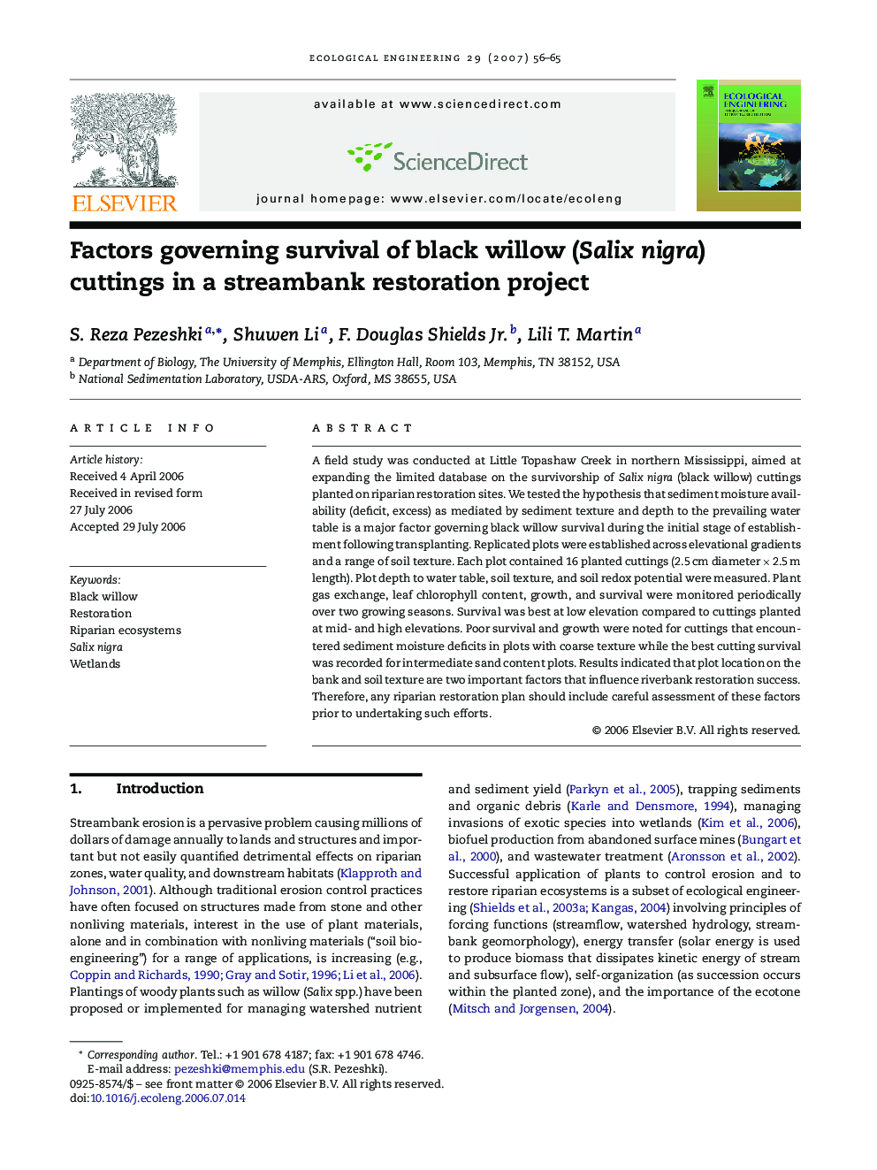 Factors governing survival of black willow (Salix nigra) cuttings in a streambank restoration project